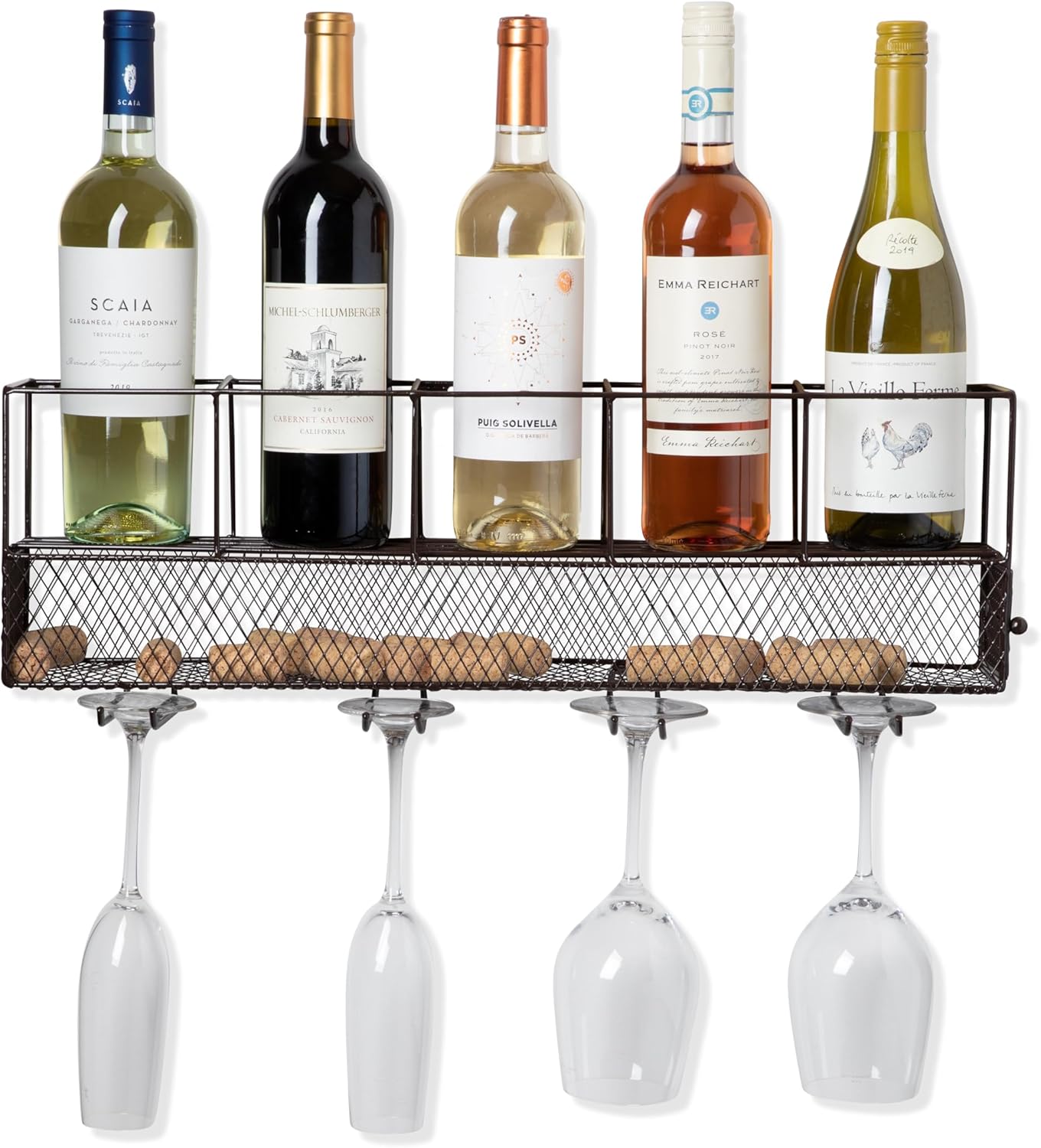 Black Wall Mounted Wire Wine Shelf with Cork Cage