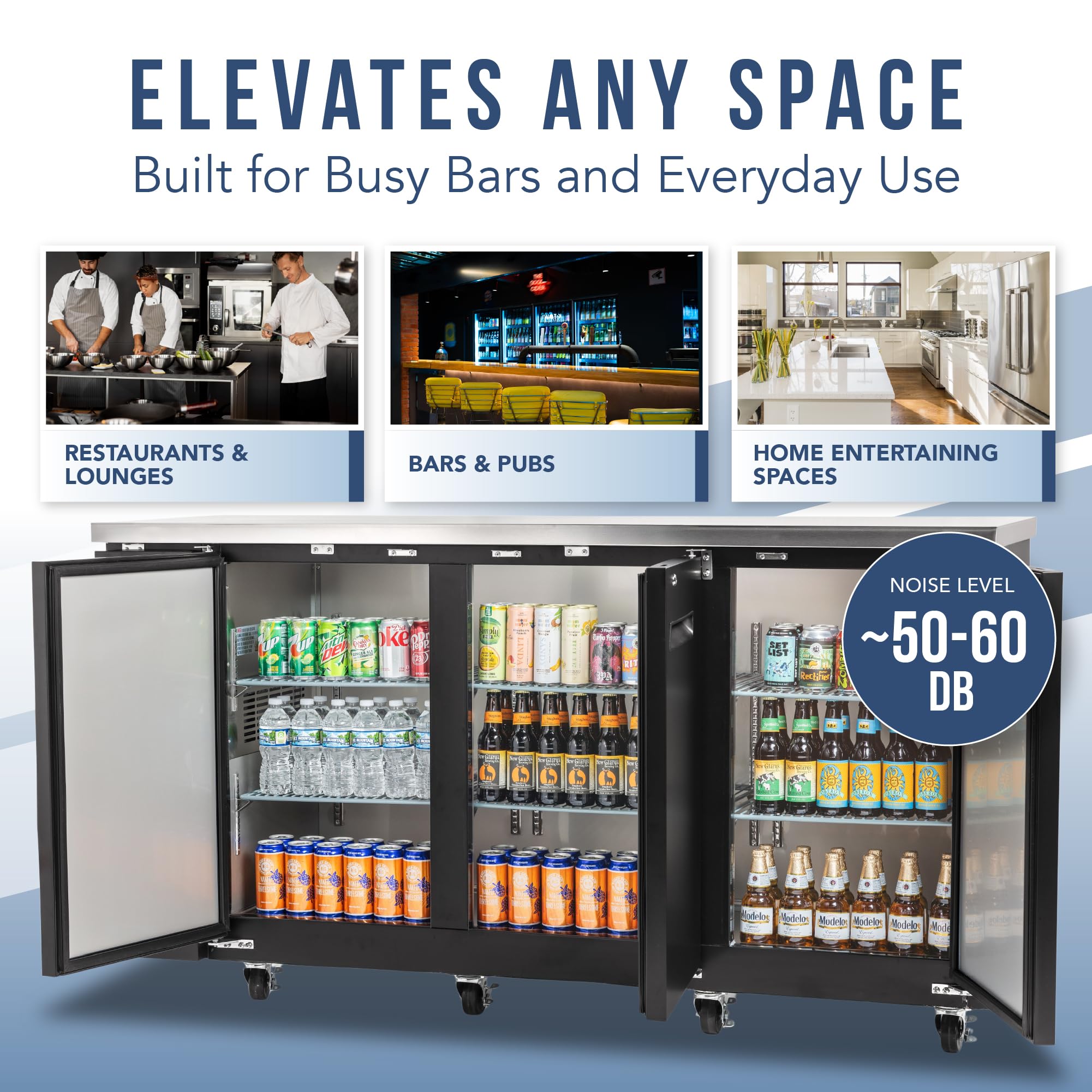 Peakcold 3-Door Counter Height Beverage Refrigerator - 73" Wide Energy Efficient Solid Black Beer Cooler & Bar Fridge With White LED Lighting - Commercial Back Bar Cooler on Fridge.com - View 5
