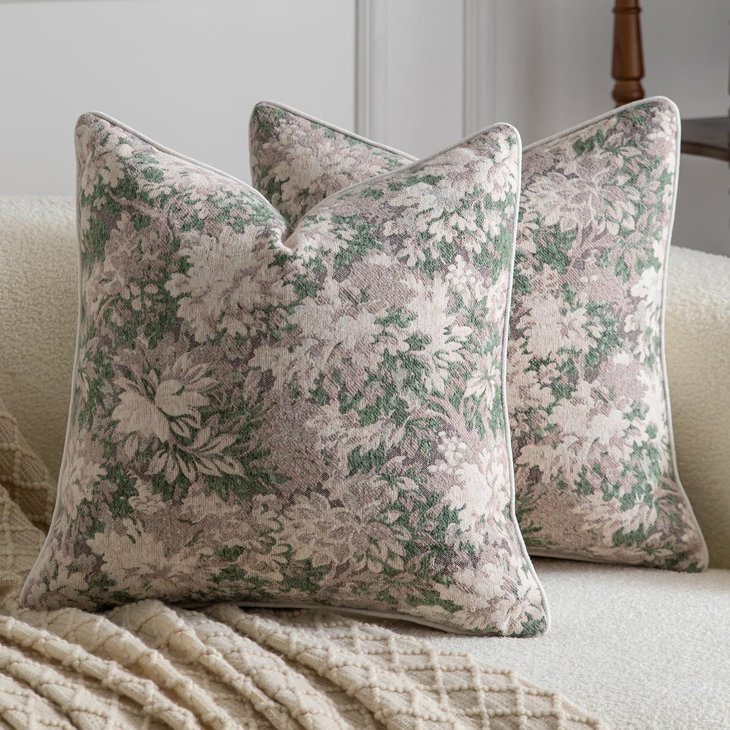 Madizz Pack of 2 Decorative Cushion Covers 45x45 cm Blushed Sage Vintage Floral Throw Pillows Soft Solid Jacquard Pillow Covers for Couch Sofa Bedroom Living Room