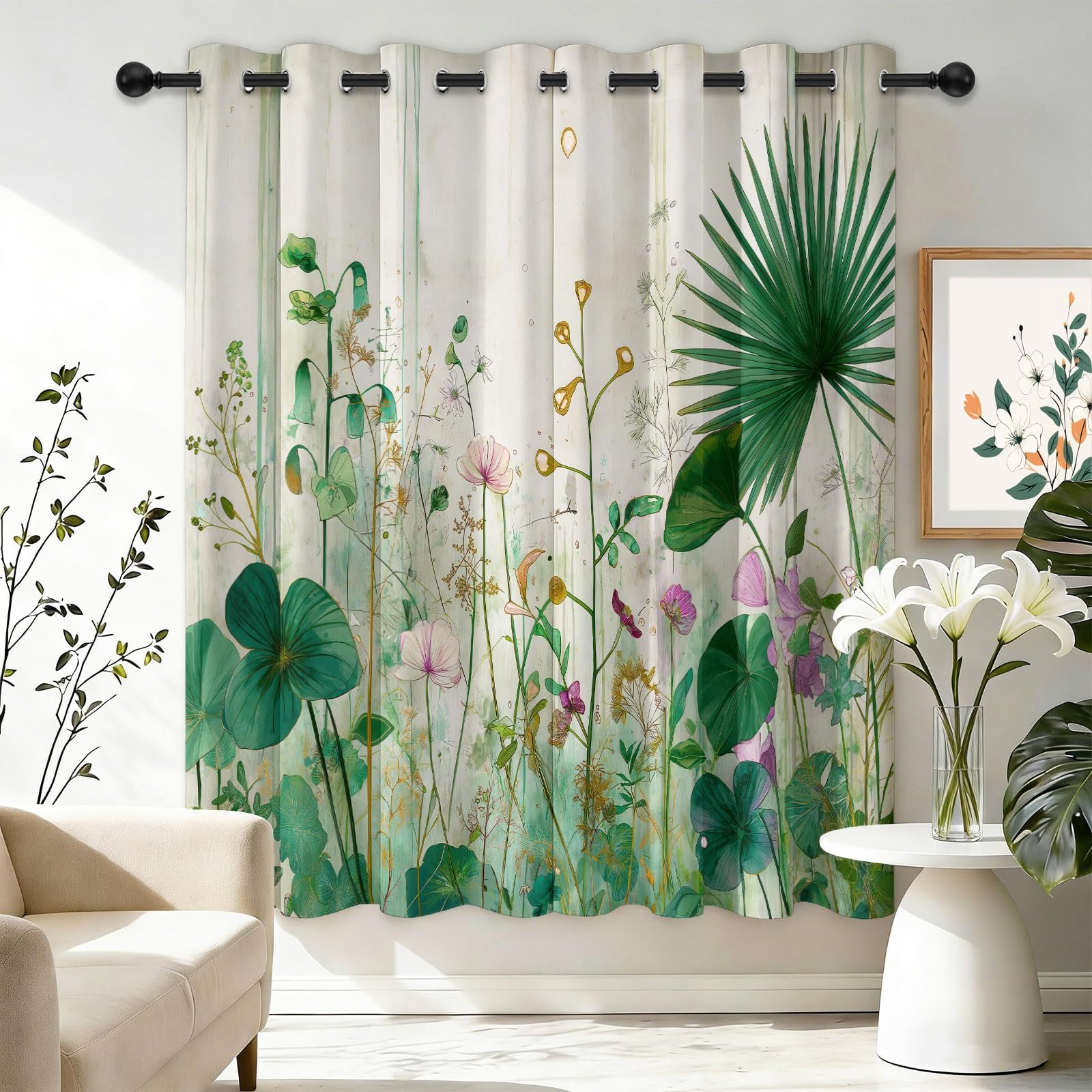 Akwarelowe, botaniczne liście palmowe, scena natura, zasłony na przelotkach szer. 117 cm x dł. 137 cm (2 panele), 100% blokada światła, 240 g/m², miękki materiał zapewnia najwyższą prywatność w