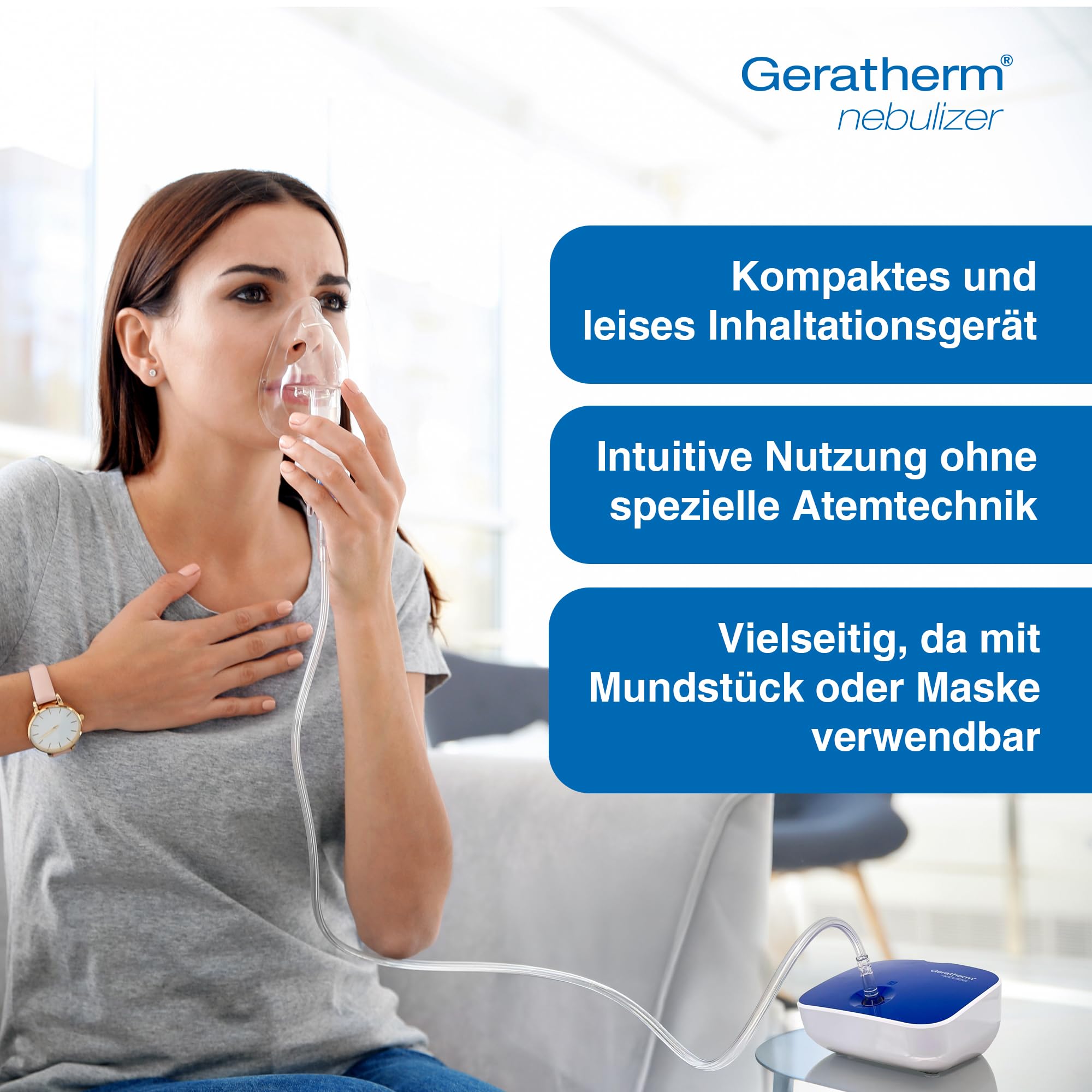 Geratherm nebulizer Kompressor-Inhalationsgerät für Kinder und Erwachsene | Leiser Betrieb ≤ 60 dB: Partikelgröße 1–5 μm für die tiefen Atemwege, inkl. Masken, Schlauch und 5 Filtern