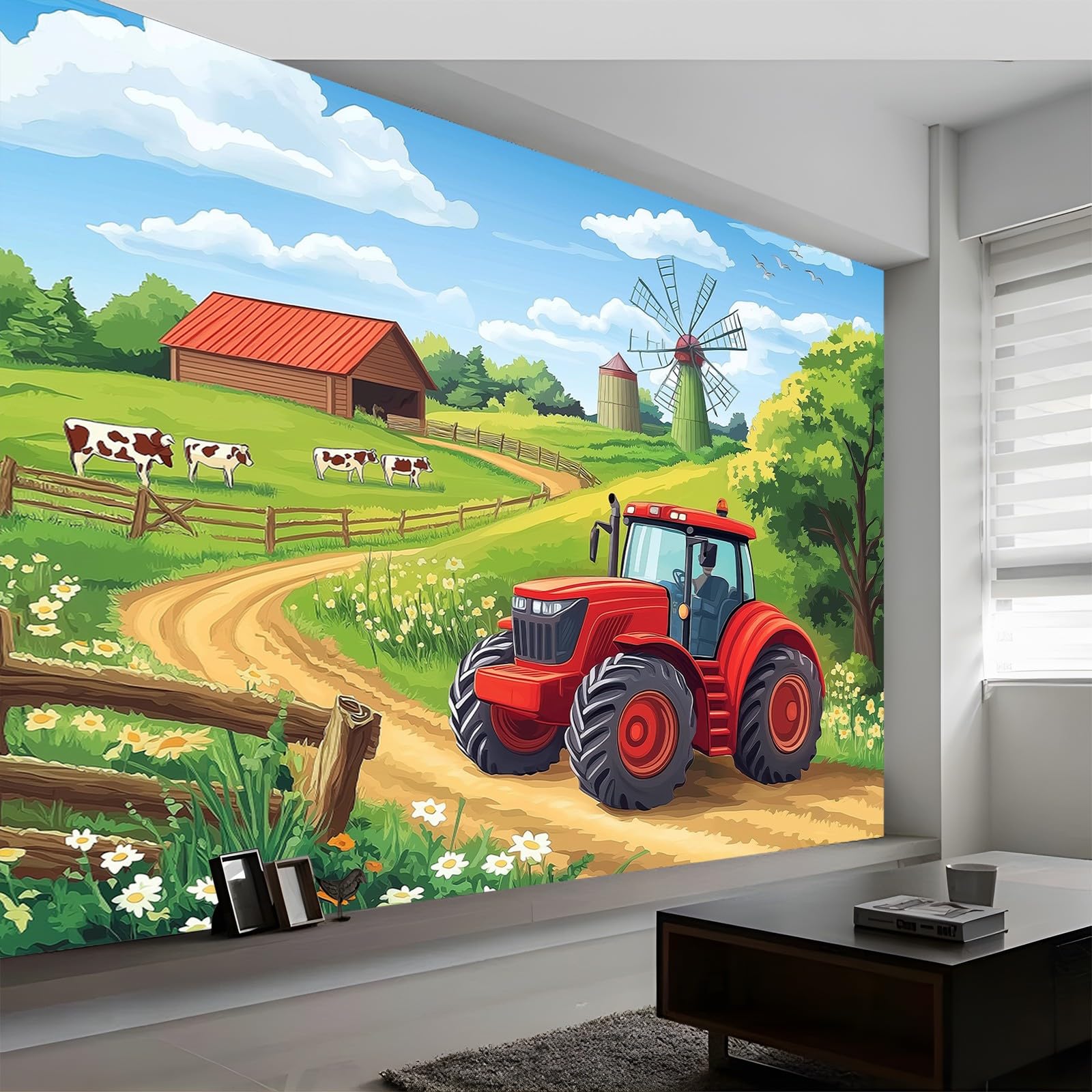 Papel pintado no tejido Tractor De Dibujos Animados Granja Revestimiento de paredes decoración salón dormitorio 350 x 256 cm Decoración de carteles gigantes Verde para salón Habitación infantil