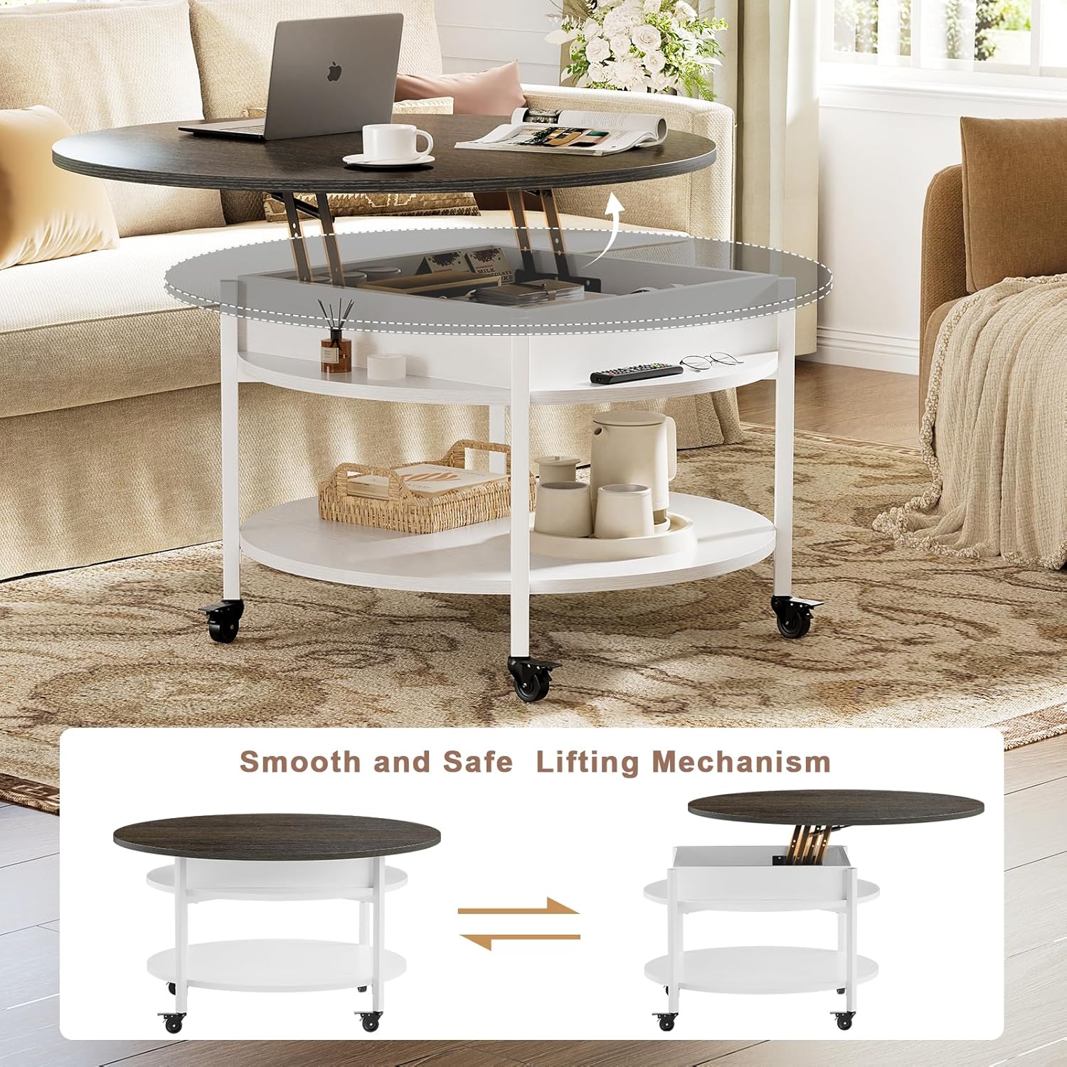 FABATO Round Lift Top Coffee Table with the top lifted, showing the smooth and safe lifting mechanism