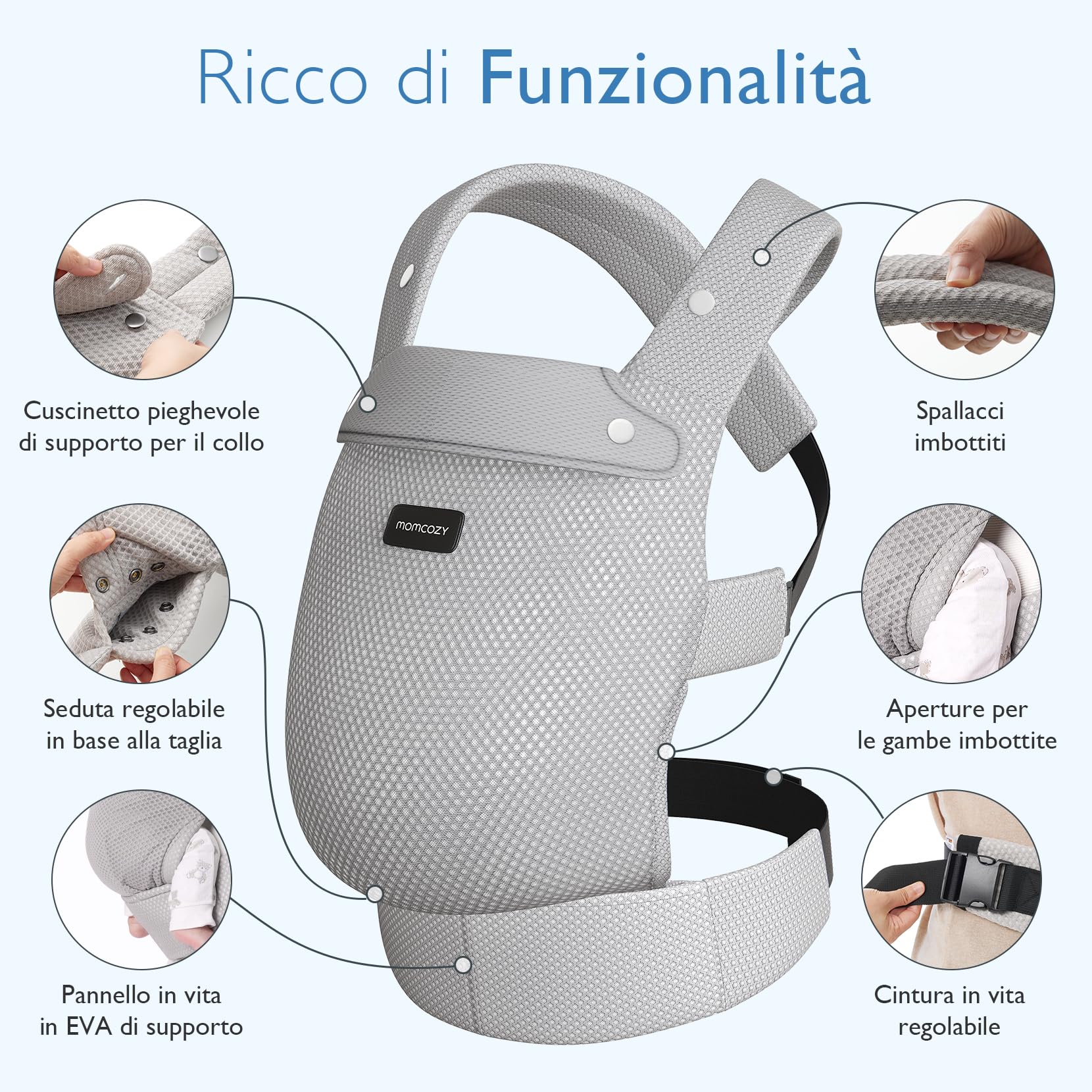 Momcozy Marsupio Traspirante in Rete, Ergonomico e Leggero, per 3,2 a 20kg(3-24 mesi) con Supporto Lombare Rinforzato, Comfort per Tutto il Giorno per Genitori a Mani Libere, Air Mesh-Grigio