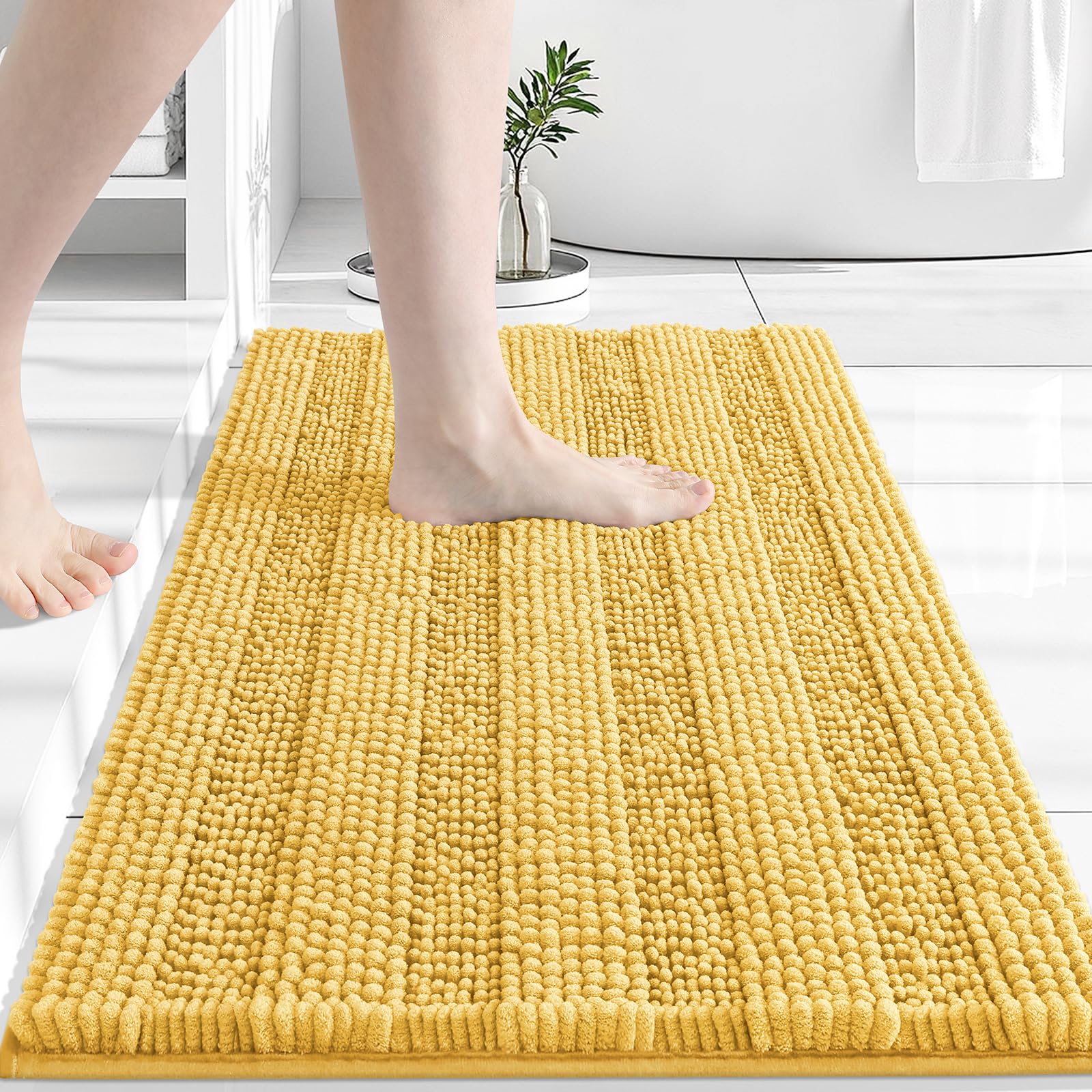 Grandaily Chenille Bathroom Rugs 24x16, Soft Absorbent Bath Mats, Yellow