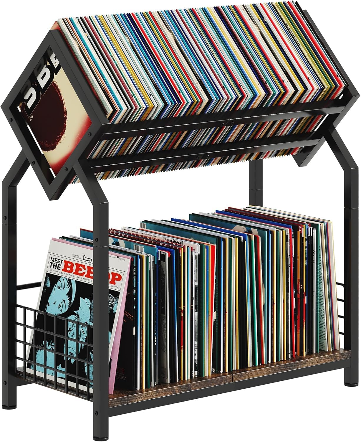 OGFC 58467 Classic 2-Tier Vinyl Record Storage Holder with Dividers, 24.4''W Vinyl Record Display, 300 LPs Vinyl Record Storage Rack, Suitable for Magazines, Books, Documents - Black-image-42