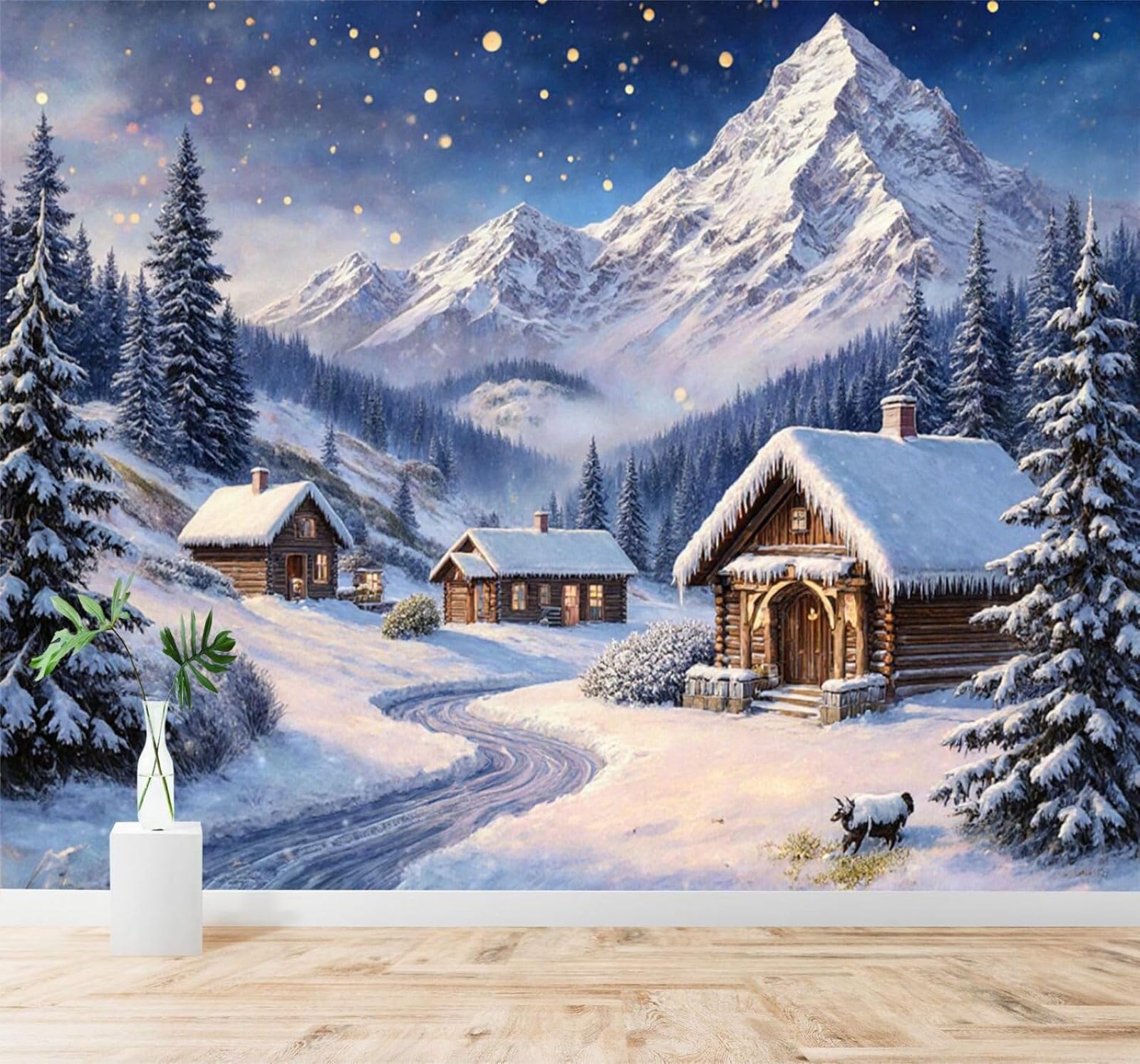 XLMING Winter Snow Capped Mountains A Cabin Pine Trees A Starry Sky Scenery 3D Wallpaper Premium Textured Silk Study Dining Living Room Bedroom Sofa TV Wall Easy Install-430cm×300cm