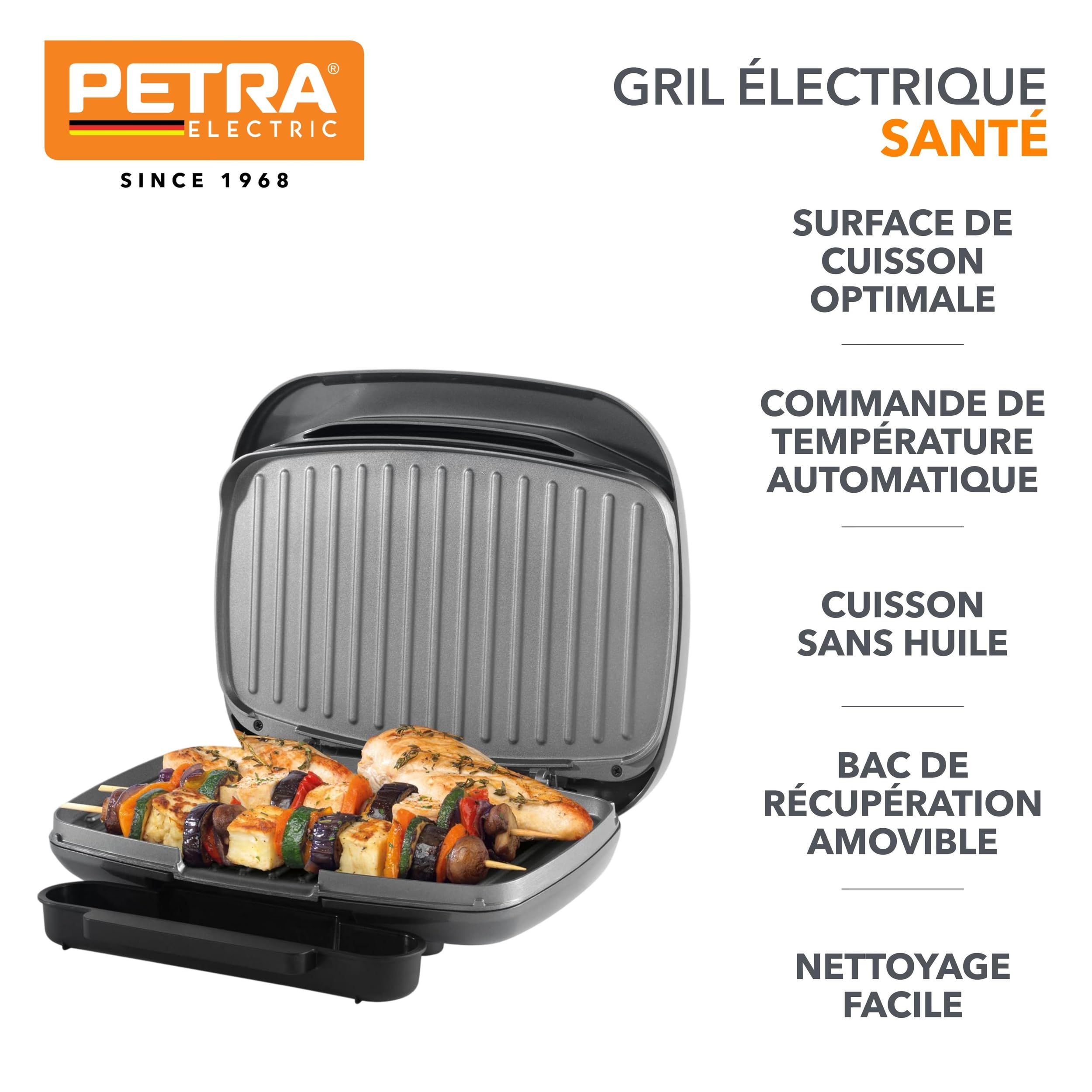 Petra PT4366MBLKVDE Gril de santé- Smartstone Plaque antiadhésive, commande de température automatique, pas d'huile nécessaire, bac de récupération amovible, compacte cuisson saine polyvalente