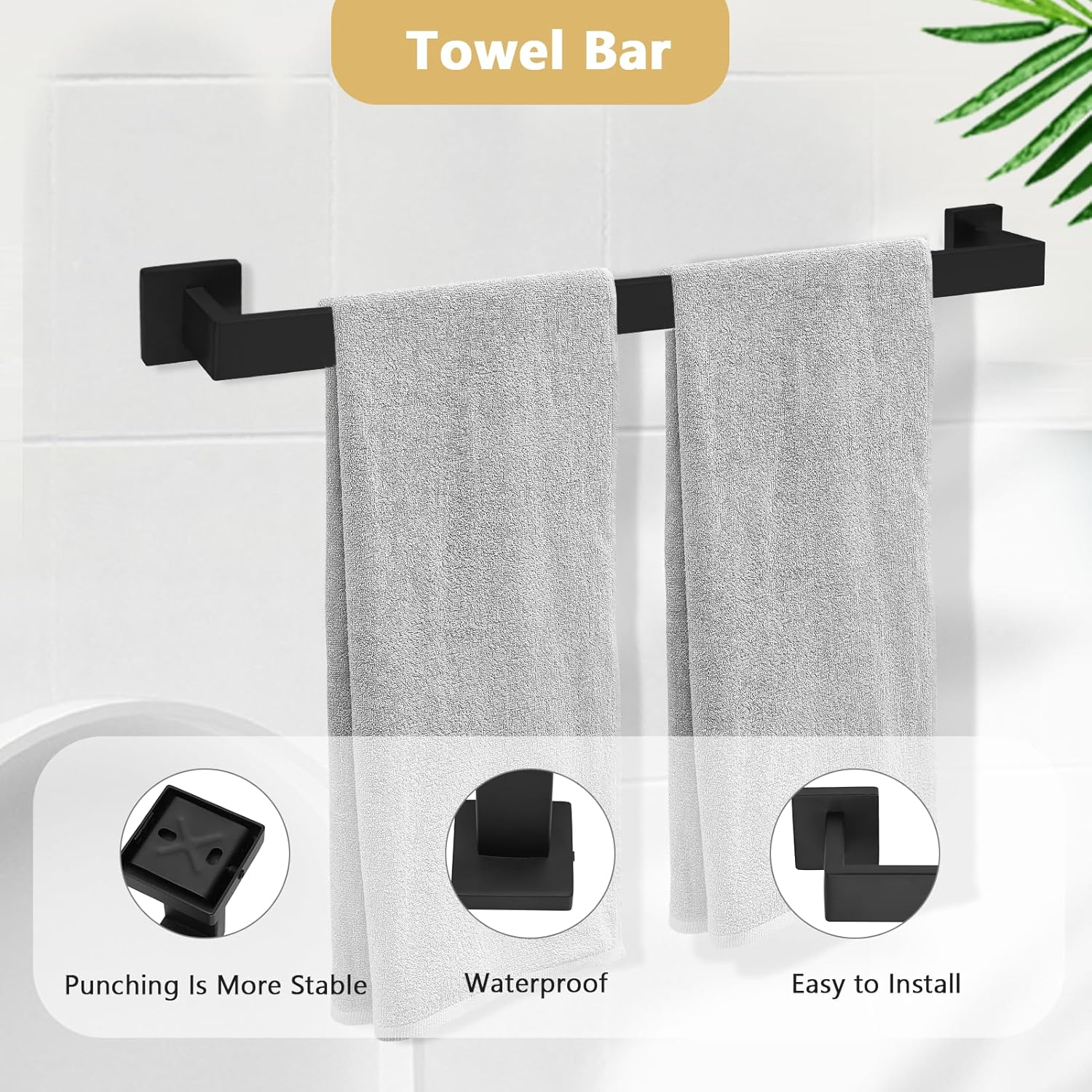 Bathroom Accessories, 5 Pieces Bathroom Hardware Set 23.6 Inch Bath Towel Bar, Paper Towel Holder, Toilet Paper Holder and 2pcs Towel Hooks, Stainless Steel Wall Mounted(Black)