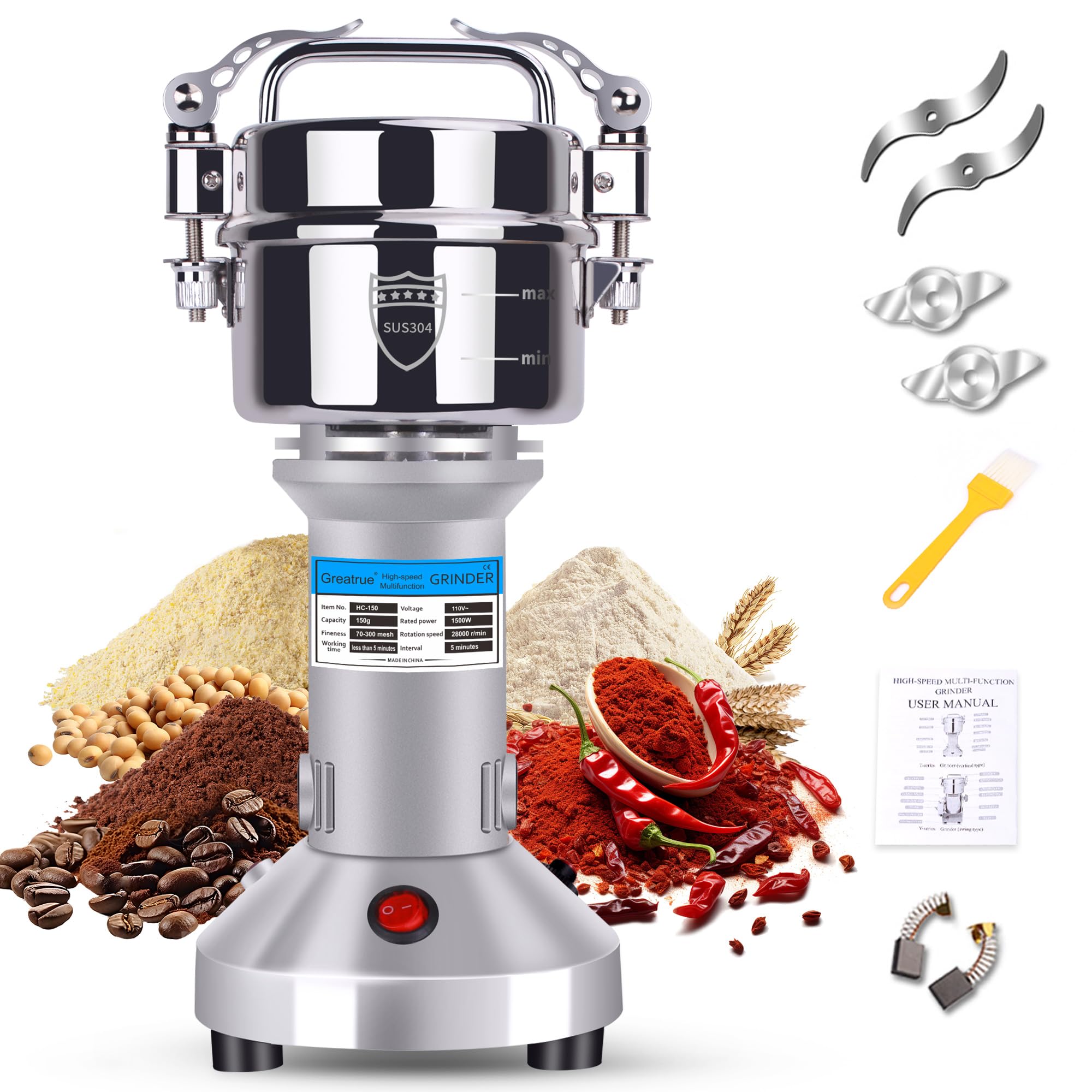 150g Electric Grain Mill Grinder, 304 Stainless Steel Flour Mill, 1500W High Speed Spice Grinder, Electric Grain Mill for Dry Wheat, Oats, Corn, Pepper and Coffee Beans
