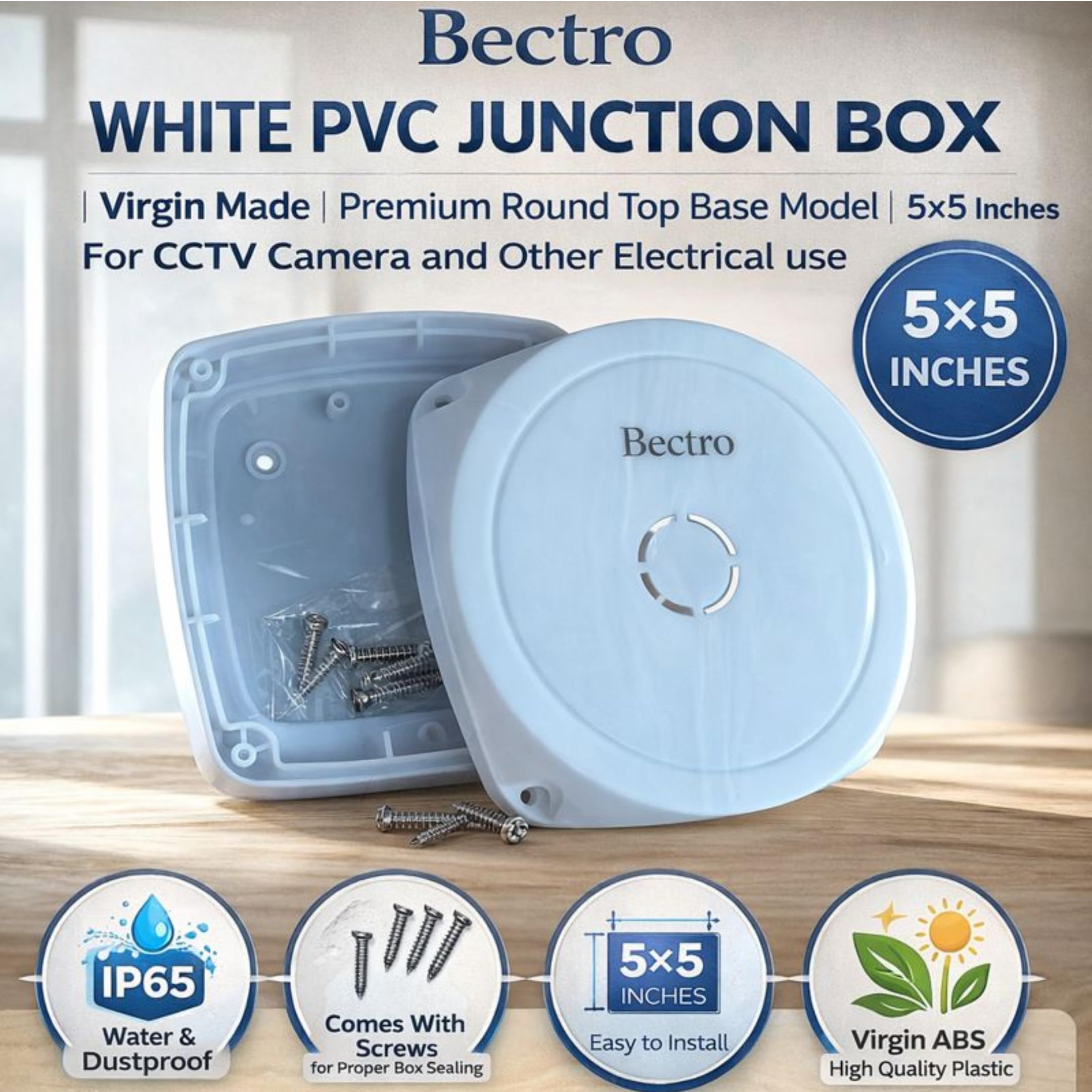 Bectro White PVC Junction Box | Virgin Made | Premium Round Top Base Model | 5x5 Inches | For CCTV Camera and Other Electrical use | Comes With Screws for Proper Box Sealing (Pack of 2) 1