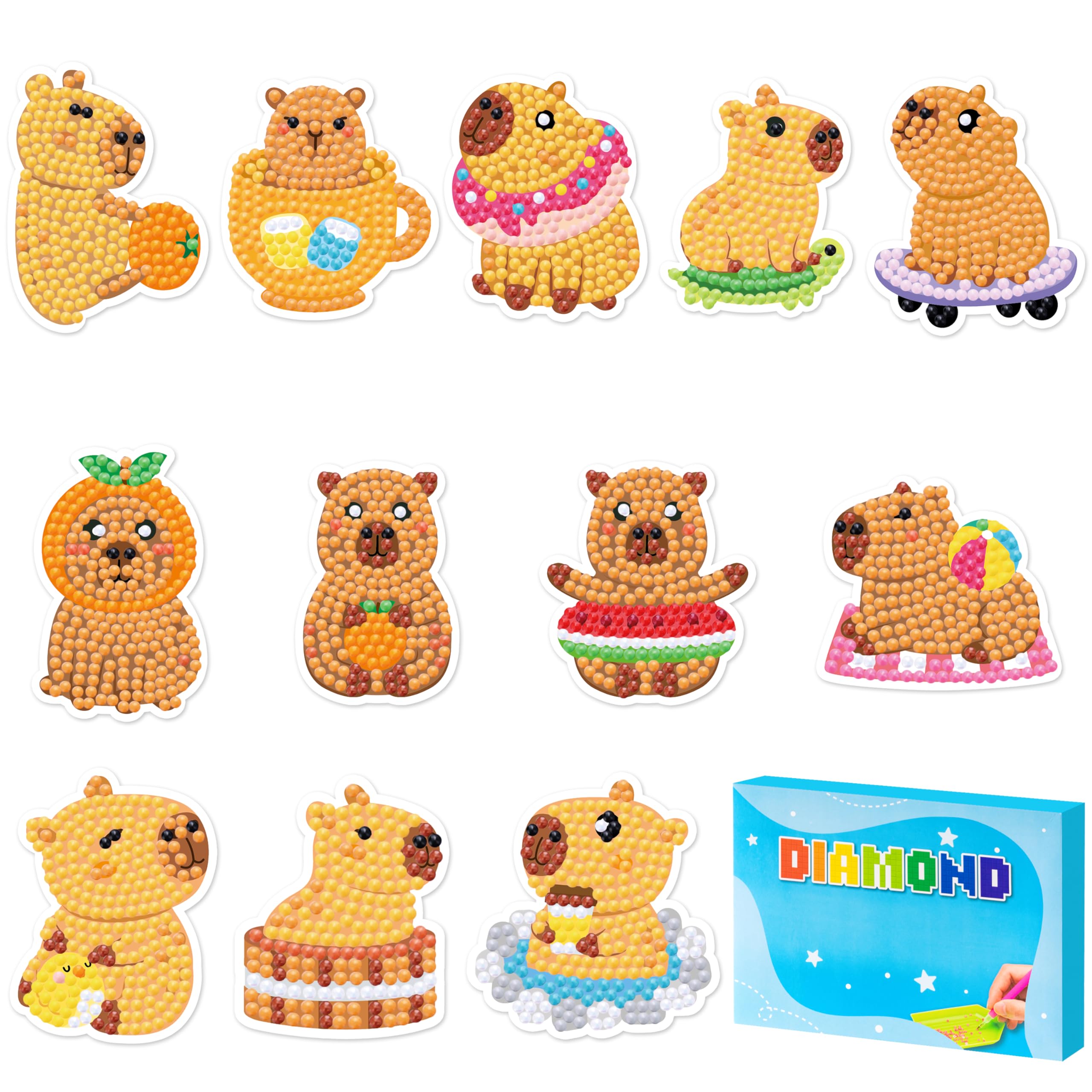 GoaePode Capy Diamond Painting Stickers Kits, 12Pcs Cartoon Animal DIY Diamond Stickers for Kids, Easy to Creative Handmade Crystall Drill Diamond 5D Mosaic Supplies for Boys Girls