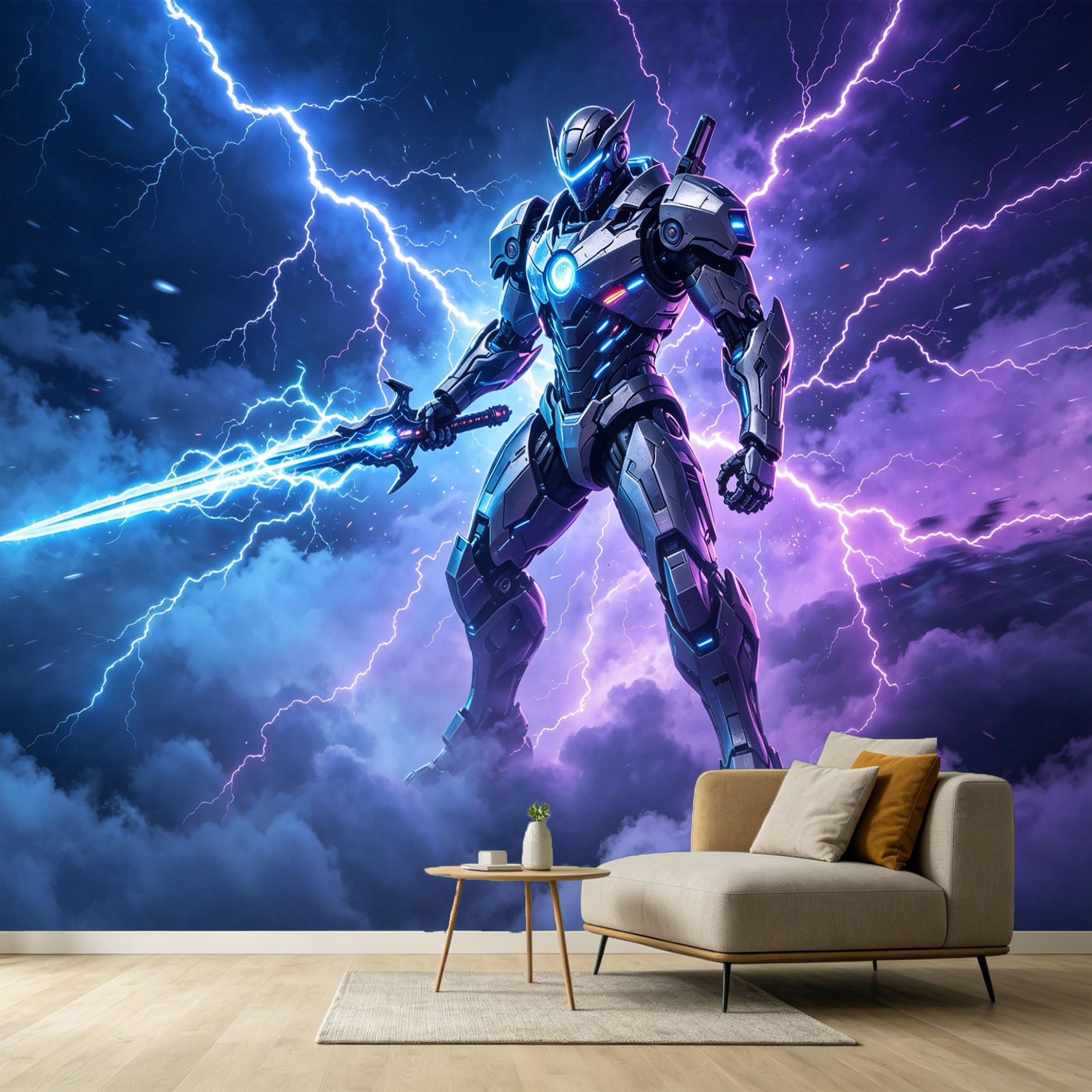 Custom Size Wall Murals Mecha Knight Cyberpunk Lightning Storm 3D Modern SelfAdhesive Wall Fabric Removable Large Wallpaper for Photo Living Room Interior Decor
