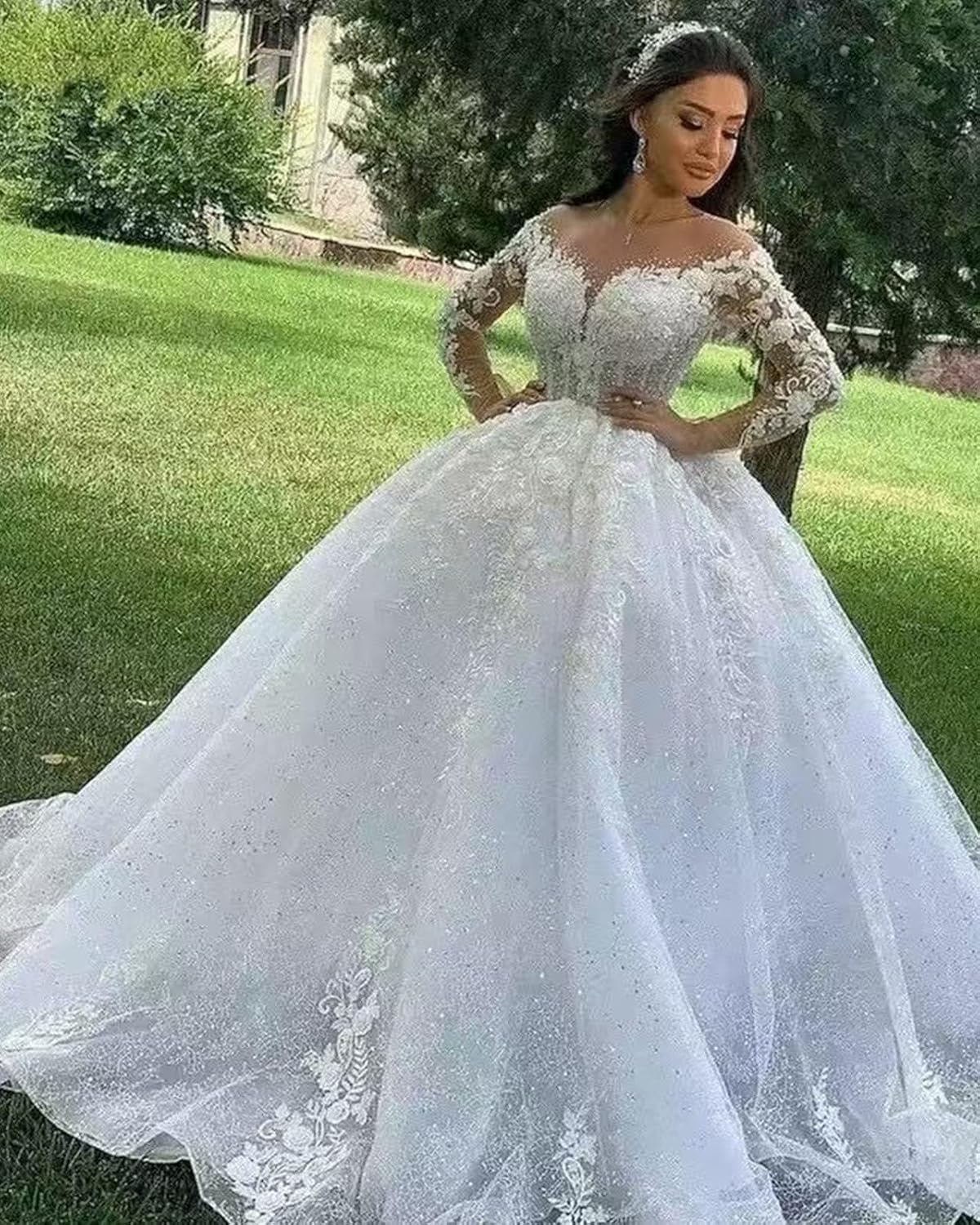 Tulle Wedding Dresses for Bride with Lace Appliques A Line Women Dress Long Sleeves Beach Bride Dress HS006 - Image 5