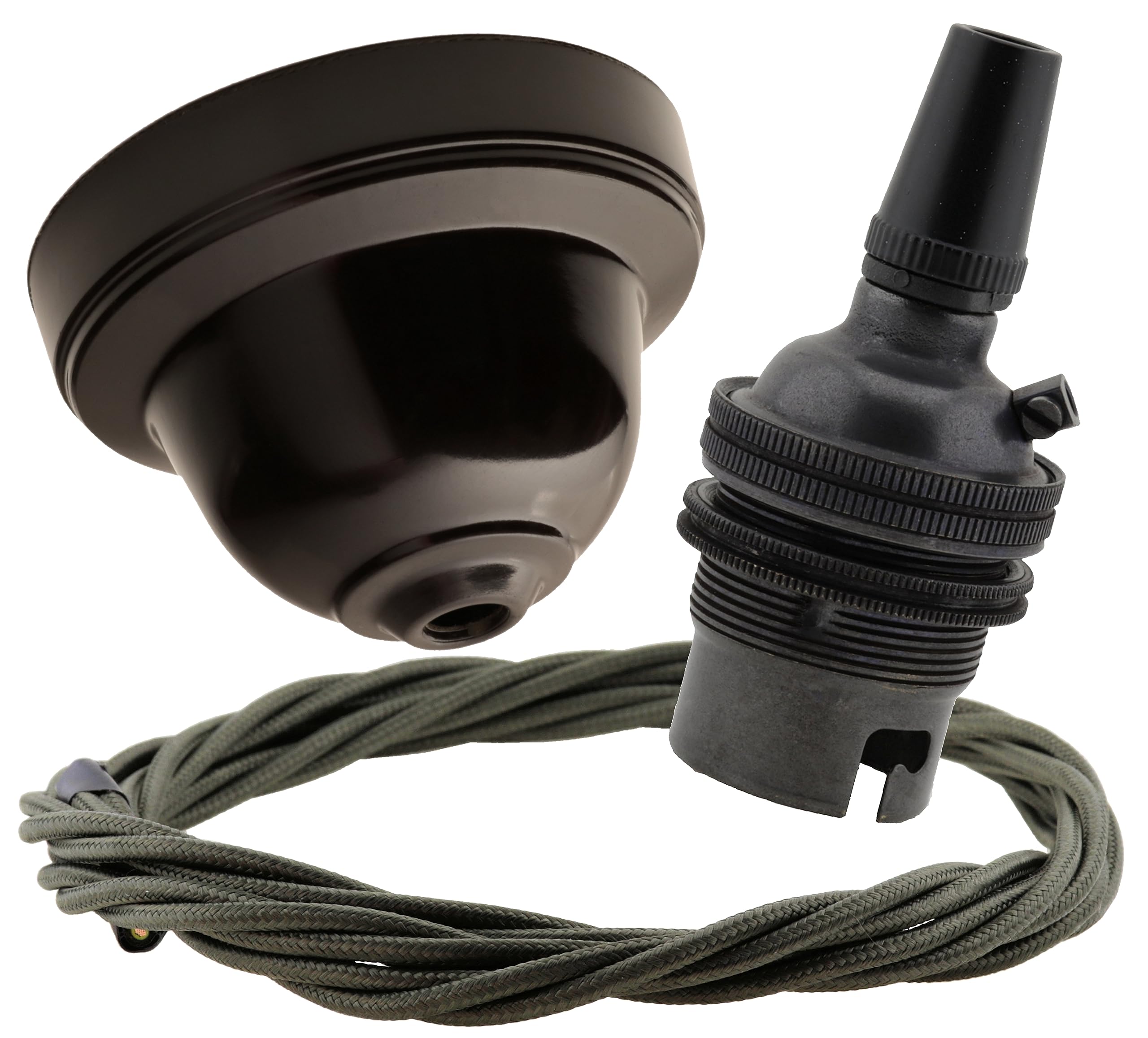 Repaireum Ltd. Vintage Styled Ceiling Pendant Kit incl. Brown Bakelite Rose, Traditional B22 Lampholder in Dark Bronze and 3 Core Khaki Green Braided Twisted Flex