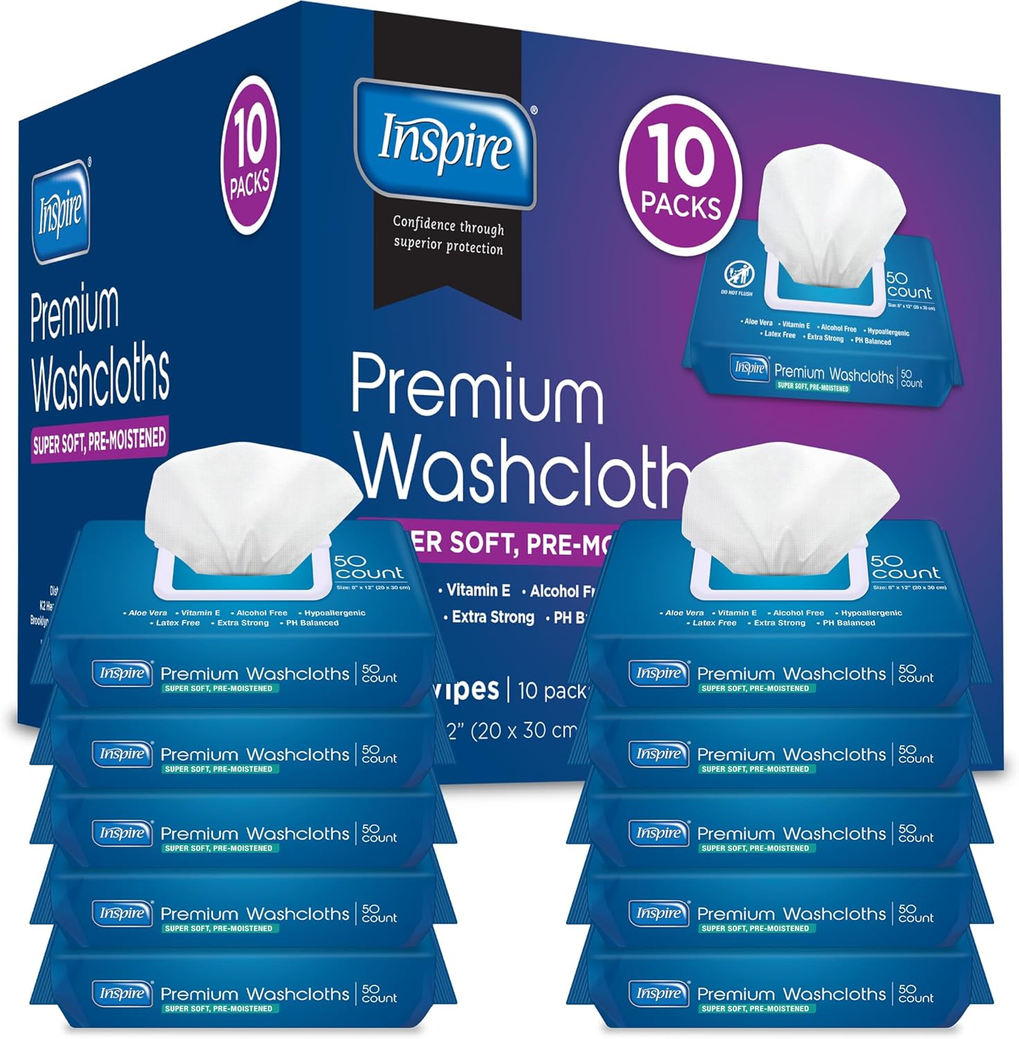 Inspire Adult Wet Wipes, Wash Cloths | Adult Wipes for Incontinence & Cleansing for Elderly, 8″x12″ (500CT (10 PACKS OF 50))