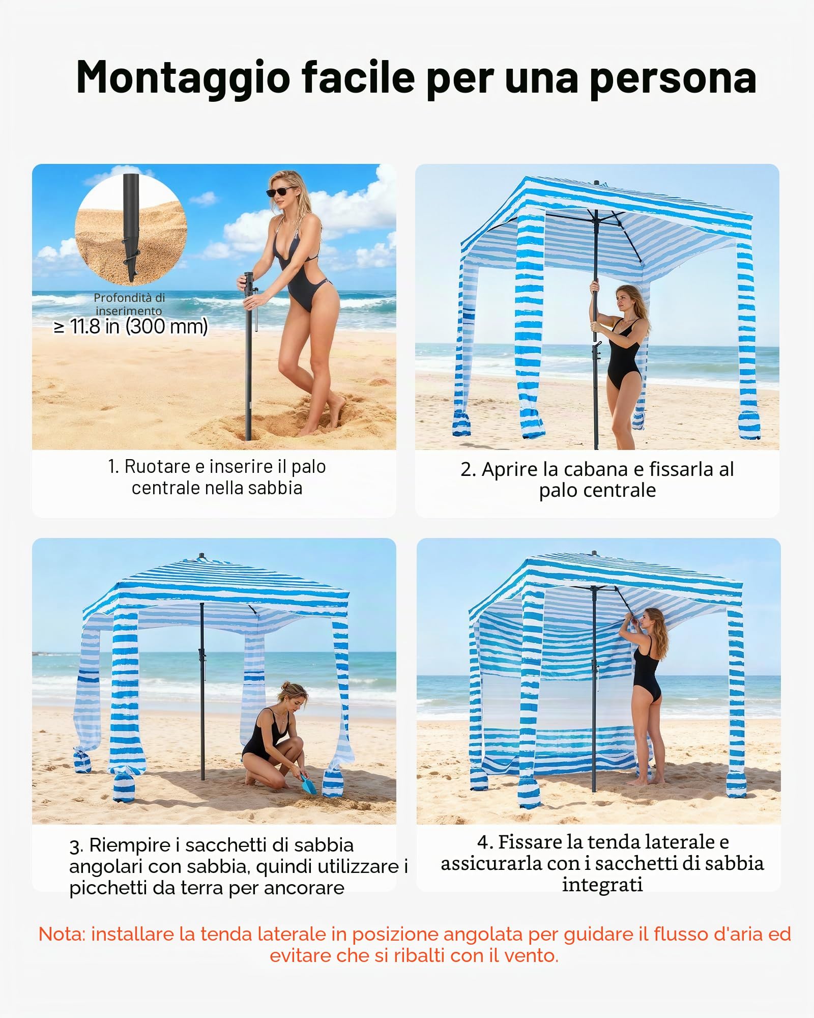 VEVOR Tenda da Spiaggia da 1830 x 1830 x 2290 mm, con Parete Laterale e Tasche per la Sabbia, Ombrellone Parasole Portatile Regolabile in Altezza per Famiglia e Amici, Blu Chiaro Striature Bianche