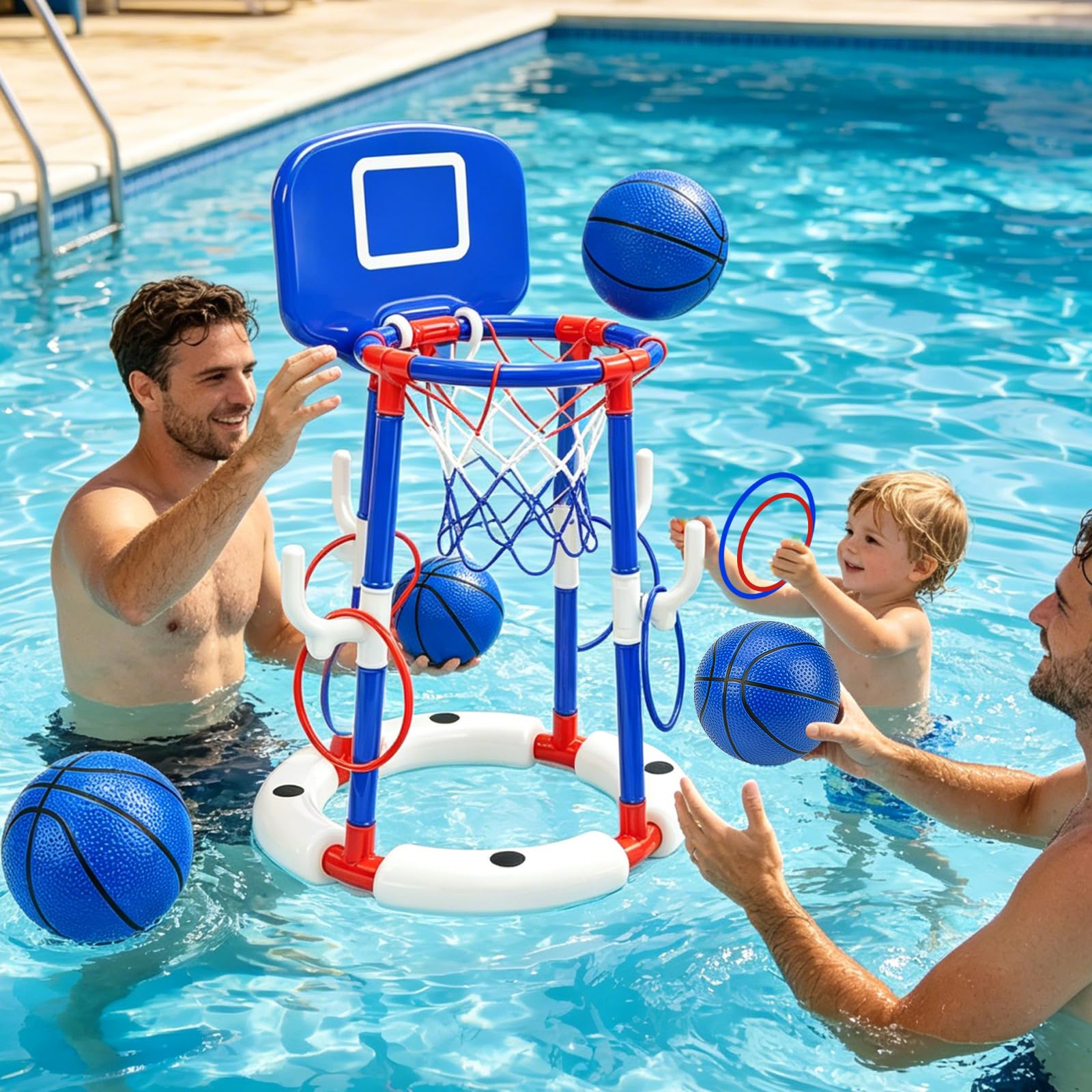 2-in-1 Schwimmender Pool-Basketballkorb und Ringwurfspiel-Set für Kinder und Erwachsene | Schwimmspiel, Wasserspielzeug, Pumpe inklusive, Familienspaß, Sommeraktivität, Indoor Outdoor, Partyspiel