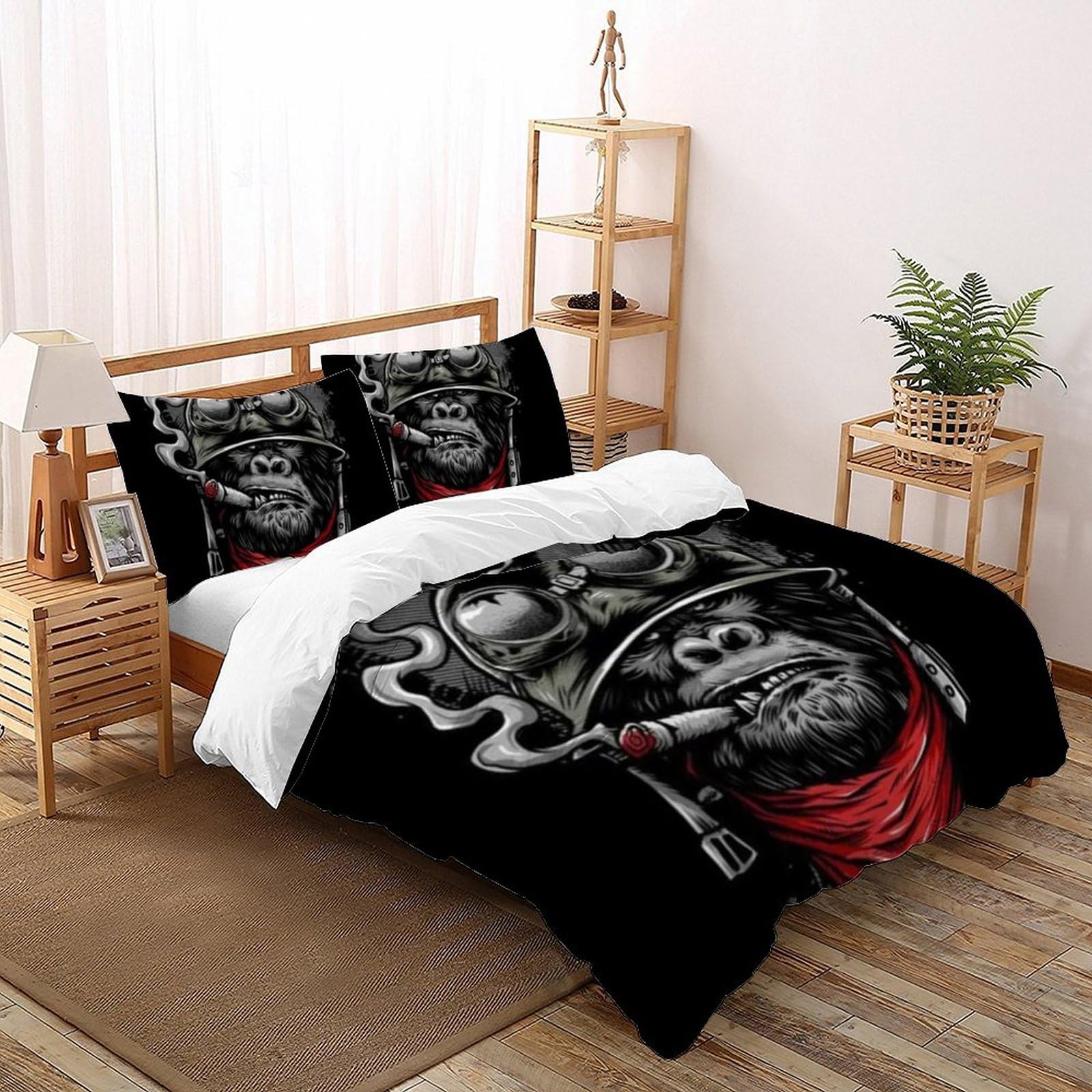 Housse de couette 220x240 singe 3D microfibre parure lit enfant animaux noir