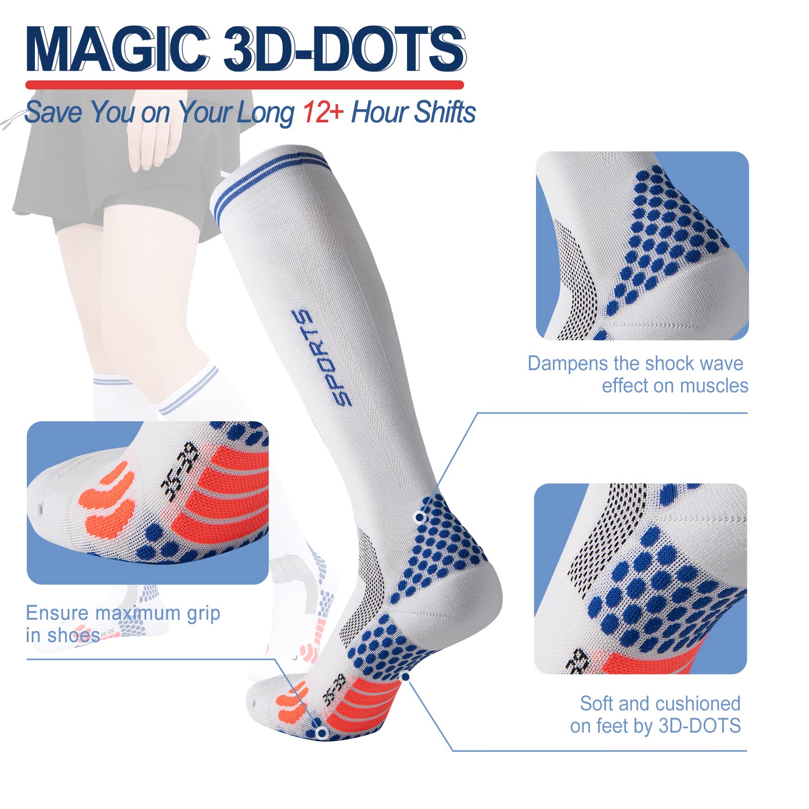 SUMARPO Running Compression Socks for Women,Unique 3D DOTS Cushioned Socks, Medical 20-30 mmHg Knee High Socks,2 Pairs