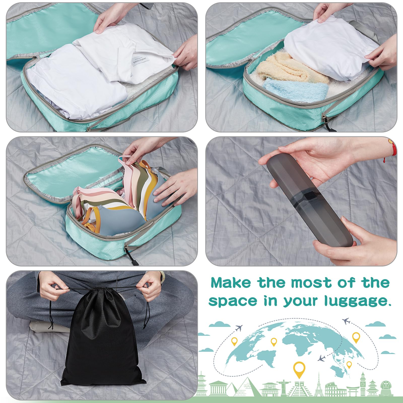 Eucomir Set di 9 Cubi Organizer Valigia da Viaggio, Sacchetti di Organizzatore Estensibile Salvaspazio,per Deposito per la Casa,lago Blu