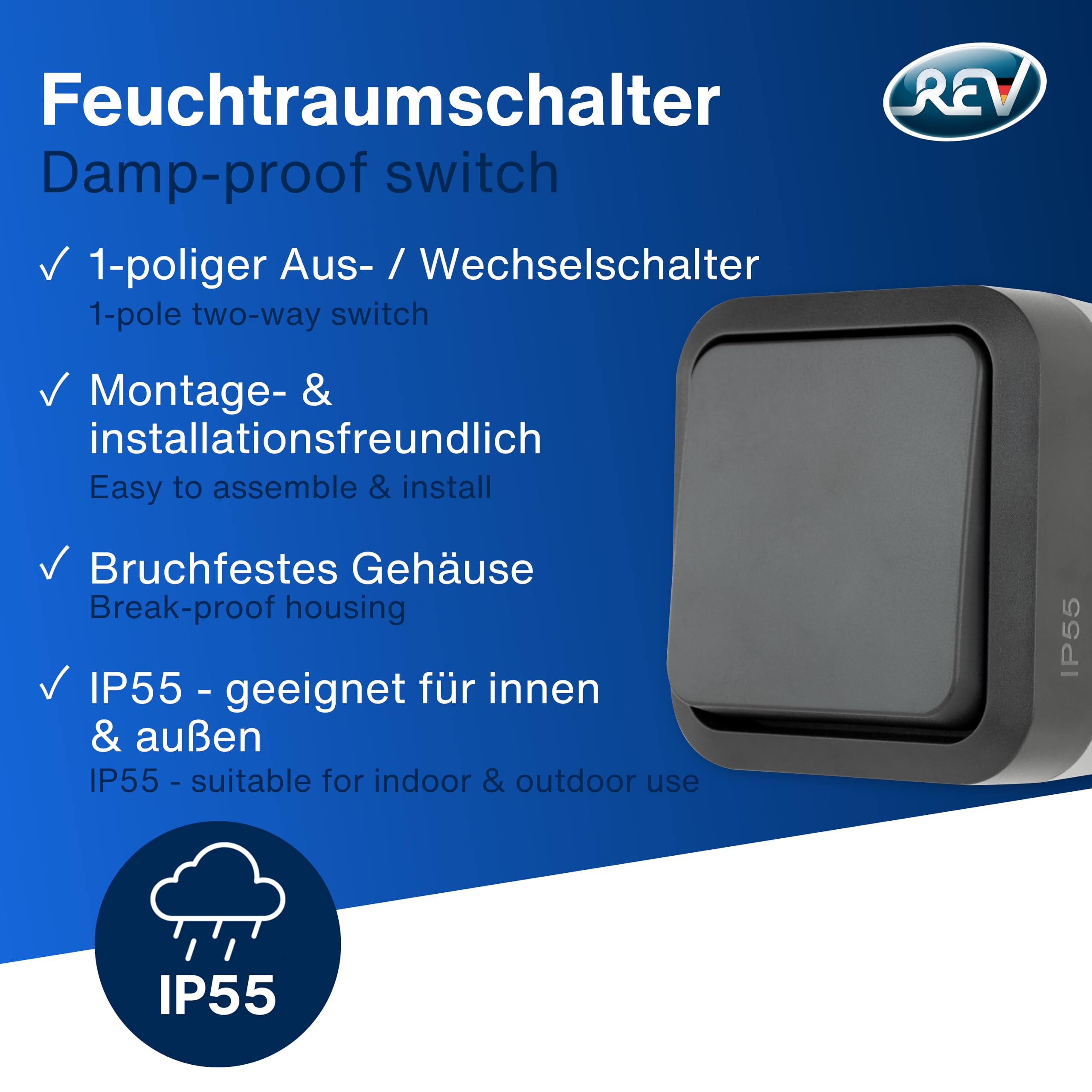REV AquaStorm Lot de 10 interrupteurs va-et-vient pour pièce humide IP55, montage en saillie, 230 V, 10 A, anthracite