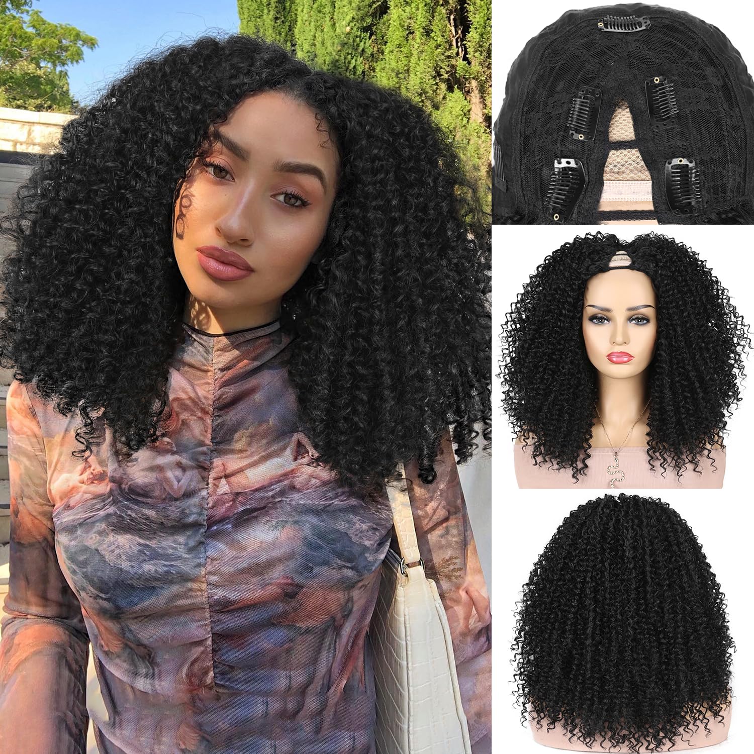 Quantum Love V part Curly Wigs Afro Curly Twist Out African American Wig for Black Women Afro Bomb Kinky Curly Synthetic Glueless Natural Black Wig 16 Inches