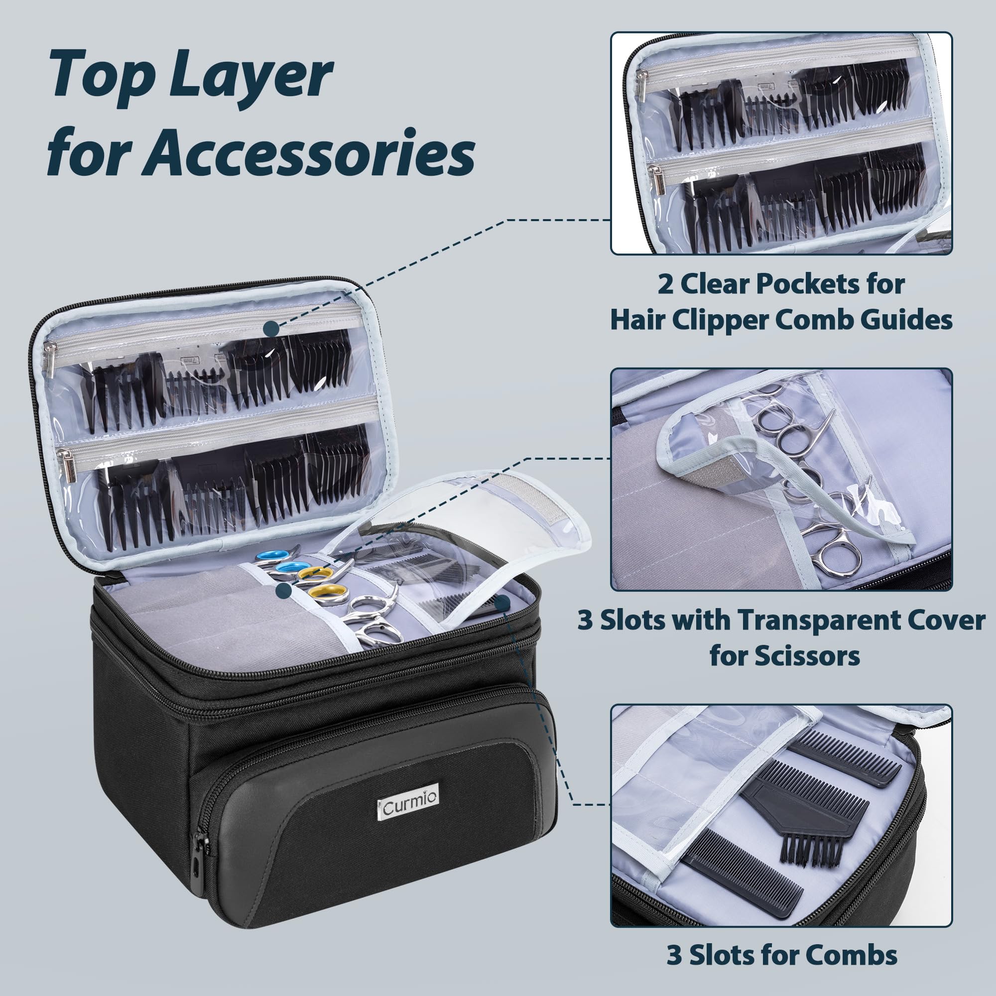 CURMIO Carrying Case for Clippers Double Layer Hair Cutting Barber Supplies Storage Bag Compatible with Hatteker/Wahl/Andis/Ufree and Most Other Standard Men Hair Trimmer Kits - Image 2