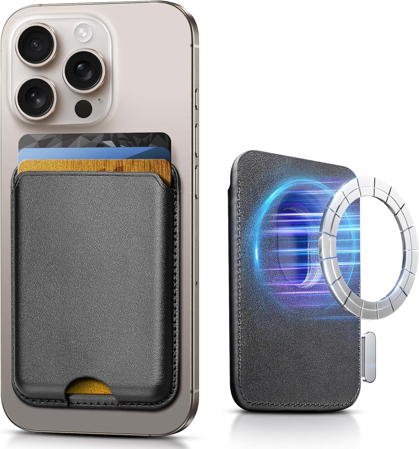 SOUNDBYTE Stronger Magnetic Wallet for iPhone 17/16/15/14/13/12 Series & for MagSafe Cases | N52 Magnet RFID Blocking Leather Magnetic Card Holder with Powerful Magnets | Holds 3 Cards | Black