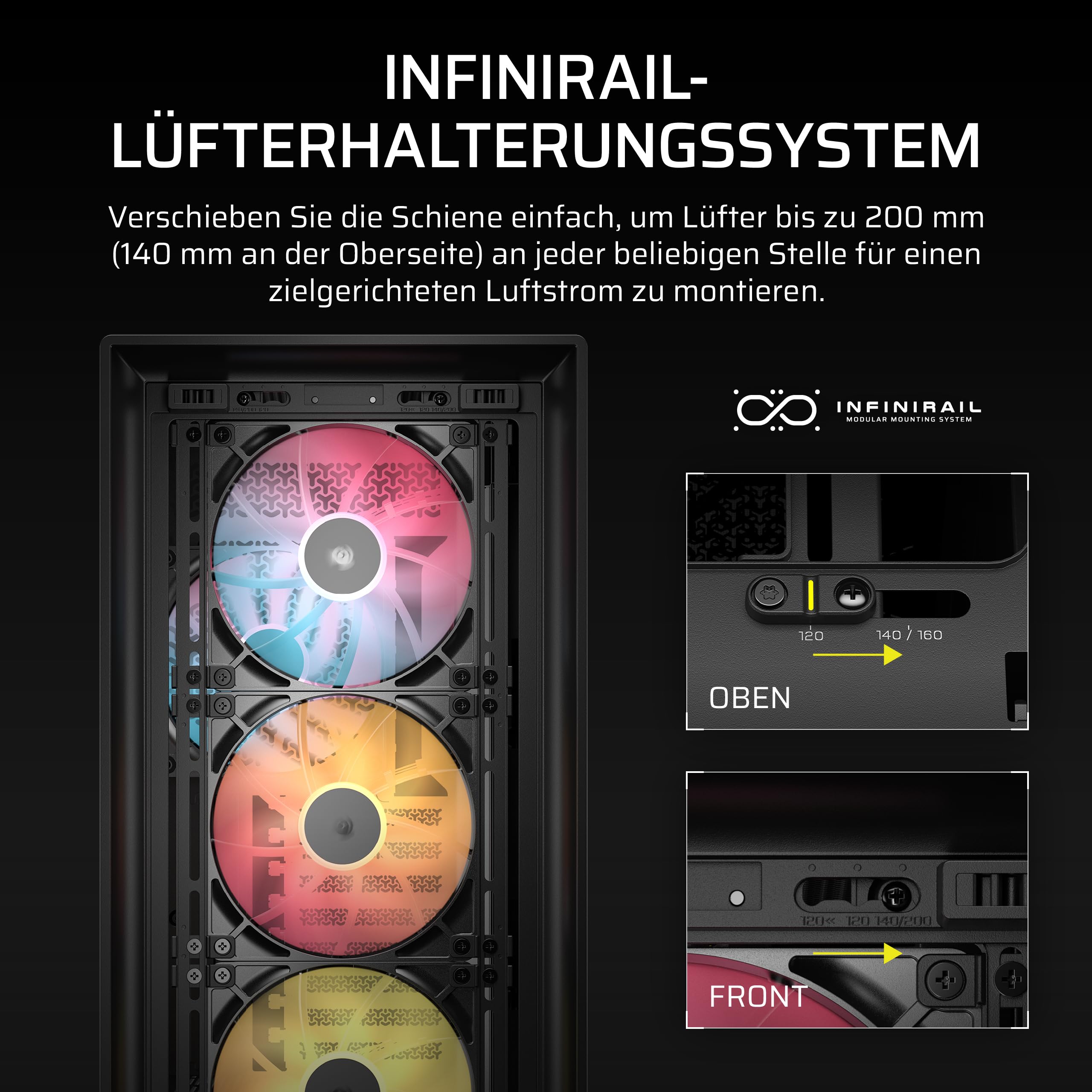 CORSAIR Frame 5000D RS ARGB Modulares Hohem Luftstrom Mid-Tower-PC-Gehäuse – 4X Vorinstallierte RS-Lüfter, InfiniRail-Lüfterbefestigungssystem, Kompatibel mit Reverse-Connector-Mainboards – Schwarz