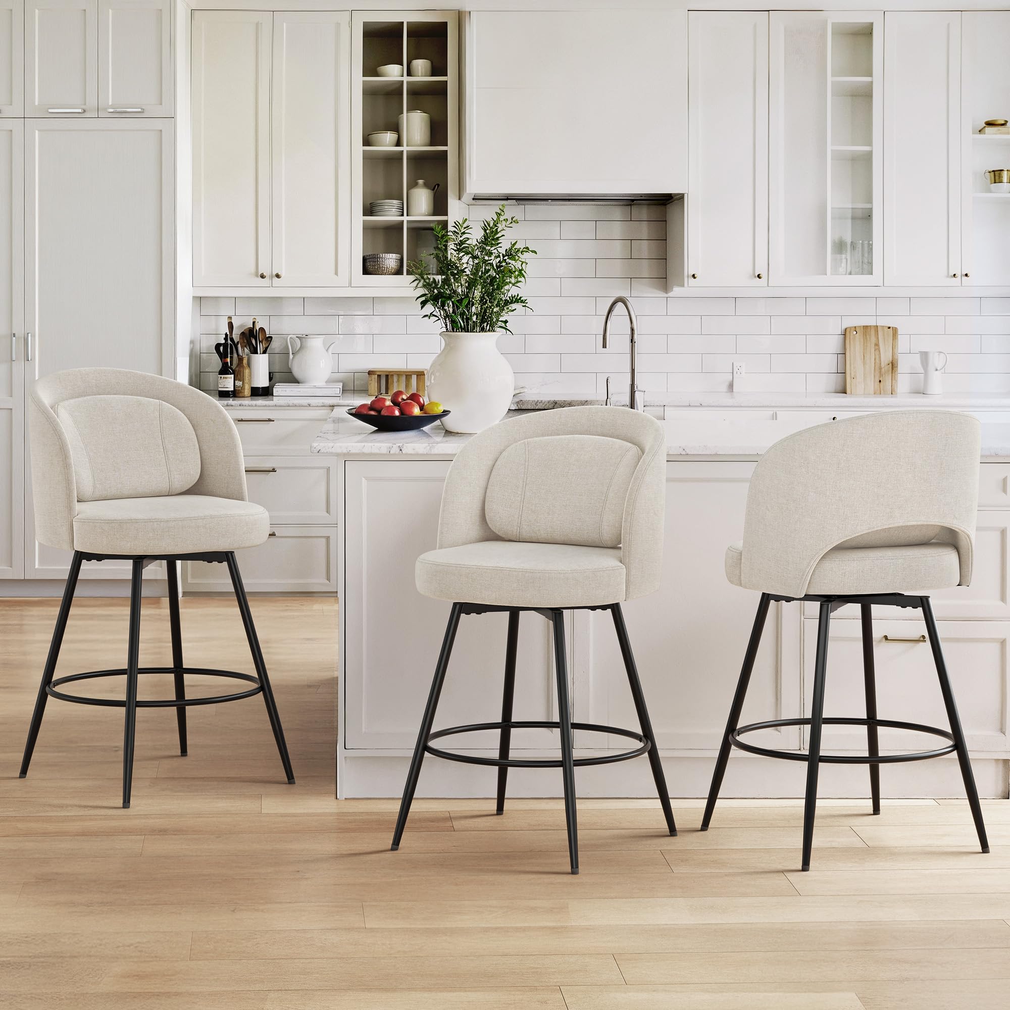 LUE BONA 26''H Swivel Bar Stools Set of 3, Counter Height Bar Stools with Backs, Lumbar Pillow and Black Metal Frames, Upholstered Modern Barstools for Kitchen Island, Linen Farbic, BROWN