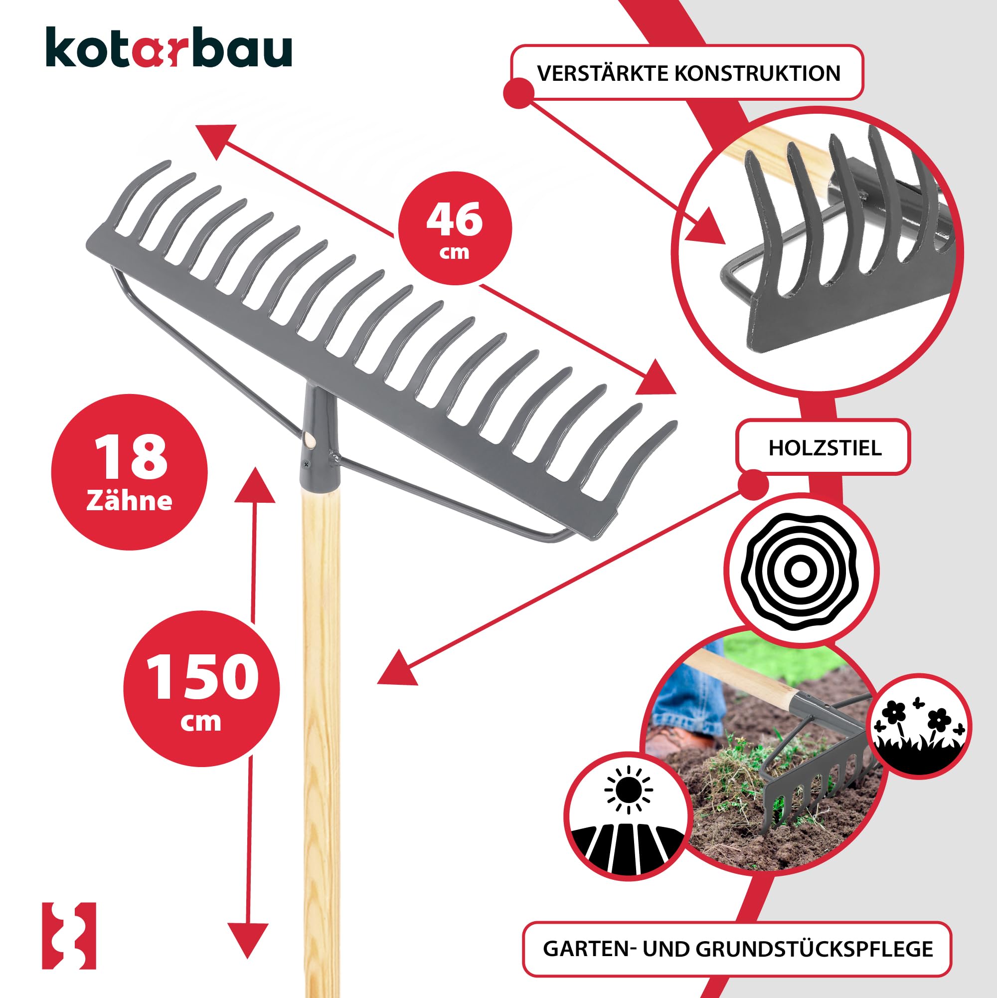 KOTARBAU® Rateau à Feuille - Métal - 46 cm - Râteau Jardin - 18 Dents - avec Manche en Bois - Outil Robuste pour Entretien Gazon Jardinage - Gris & Naturel