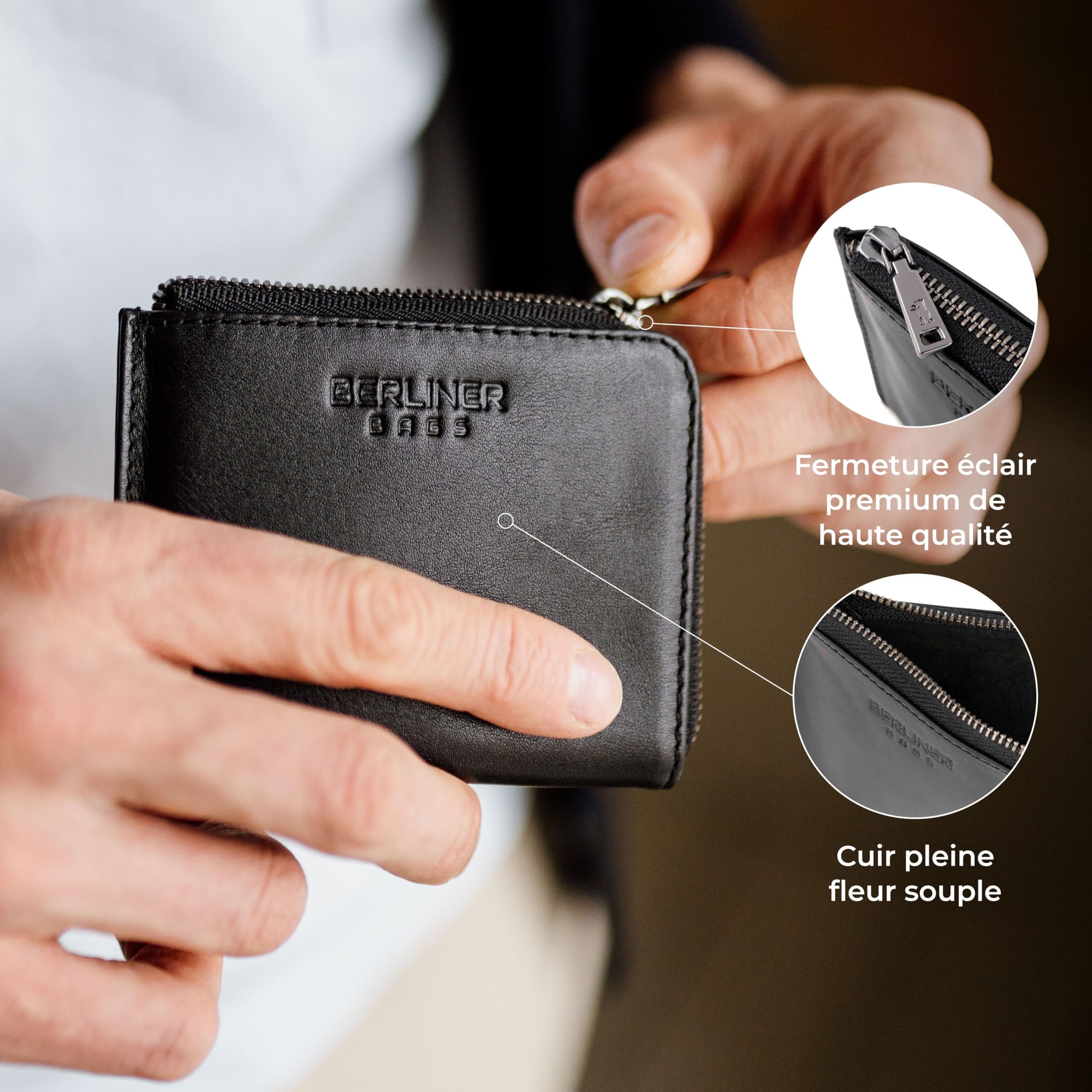 Berliner Bags Mark Porte-Monnaie en Cuir, Mini Portefeuille Zippé pour Pièces et Billets, Compact et Pratique pour Femme et Homme