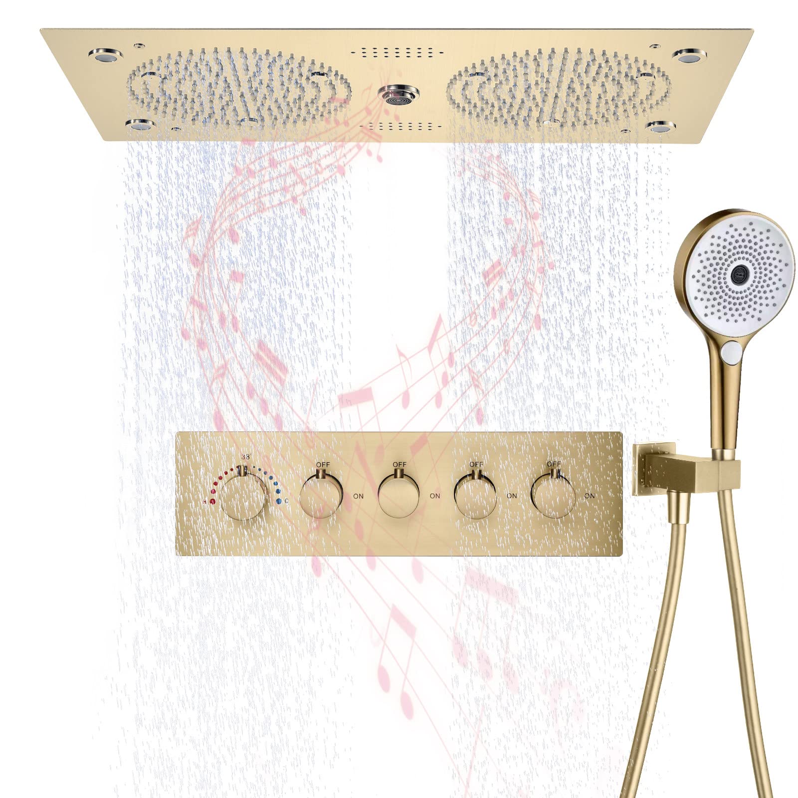 Termostatyczny system prysznicowy, szczotkowane złoto, zestaw prysznicowy z muzyką Bluetooth, 61 x 30 cm, wodospad, deszcz, kolumna wodna, tryb kolumny prysznicowej z prysznicem ręcznym, 6 zestawów armatury spa body combo