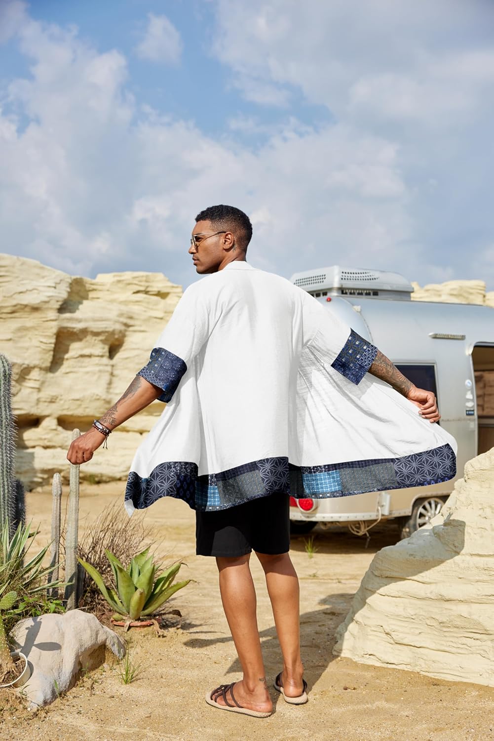 COOFANDY Men's Ruffle Shawl Collar Lightweight Cardigan Long Kimono Jackets Open Front Drape Cape Coat - Image 6