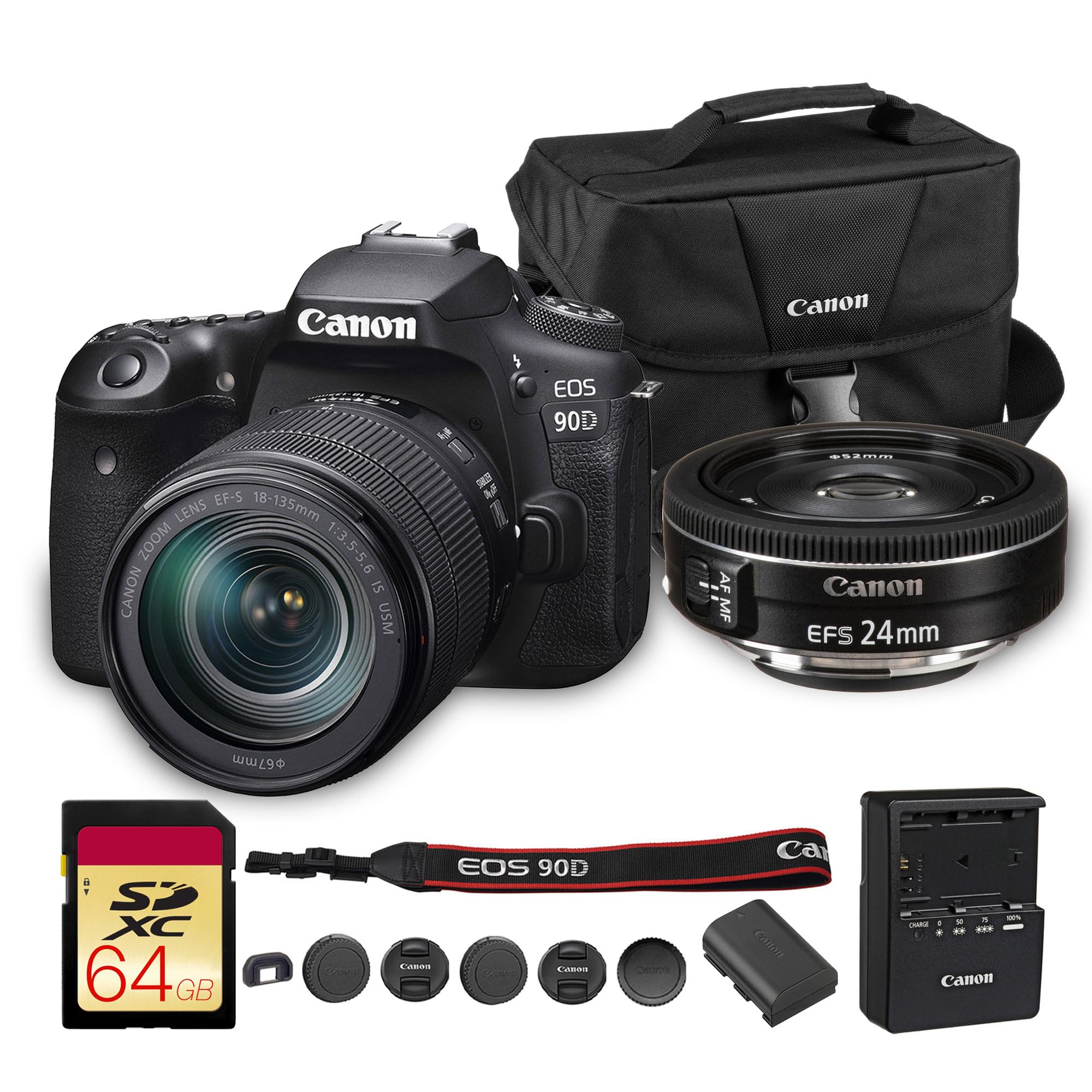 Canon EOS 90D DSLR Camera with 18-135mm Lens | 32.5MP APS-C Sensor, Dual Pixel AF &amp; 4K Video | for Wildlife &amp; Sports Photography (3616C016) + Canon EF-S 24mm f/2.8 STM Lens + Bag + 64GB Card