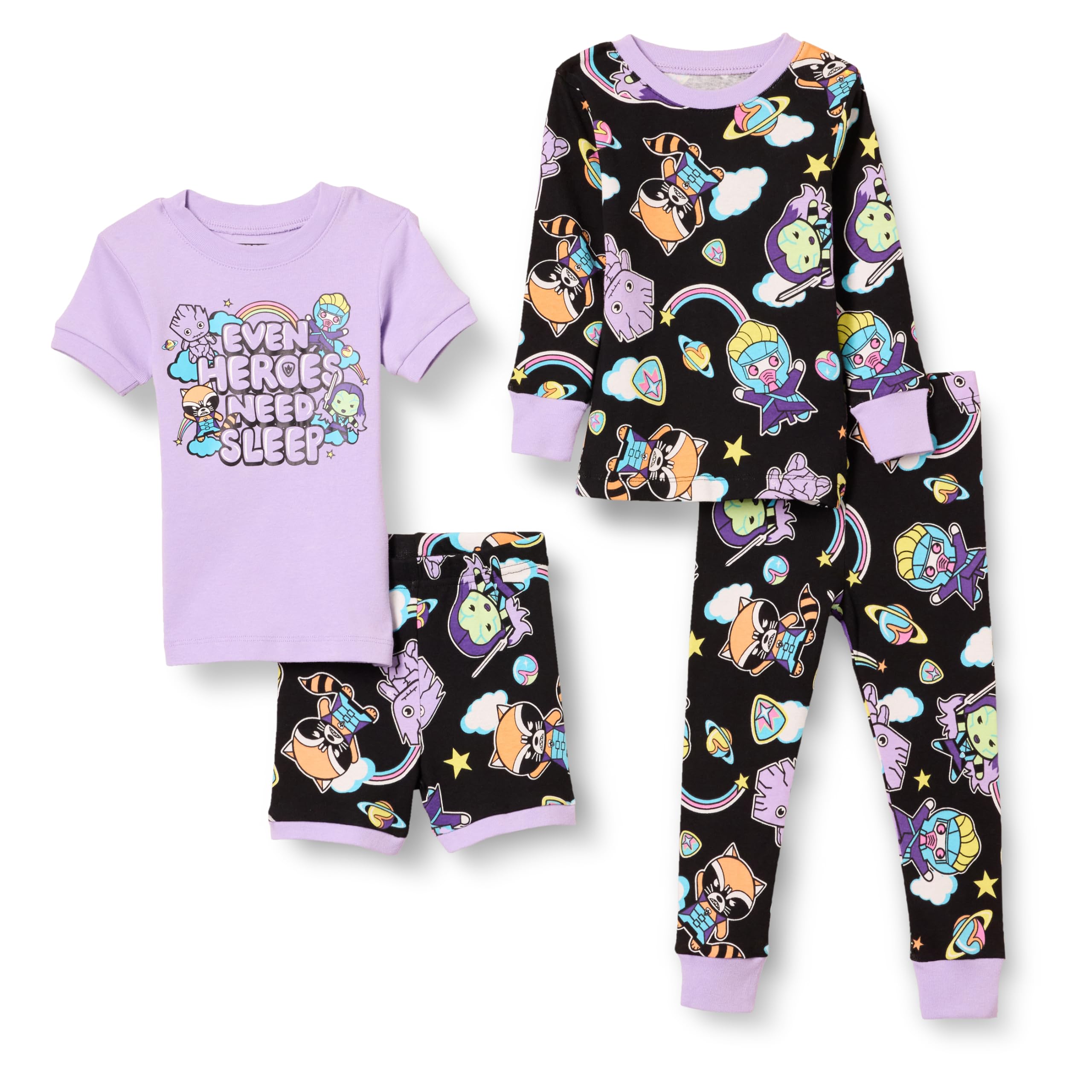 Spotted Zebra Disney | Marvel | Star Wars | Frozen | Princess Girl's Snug-Fit Cotton Pajama Sleepwear Sets, Pack of 4, Marvel Guardians, Large