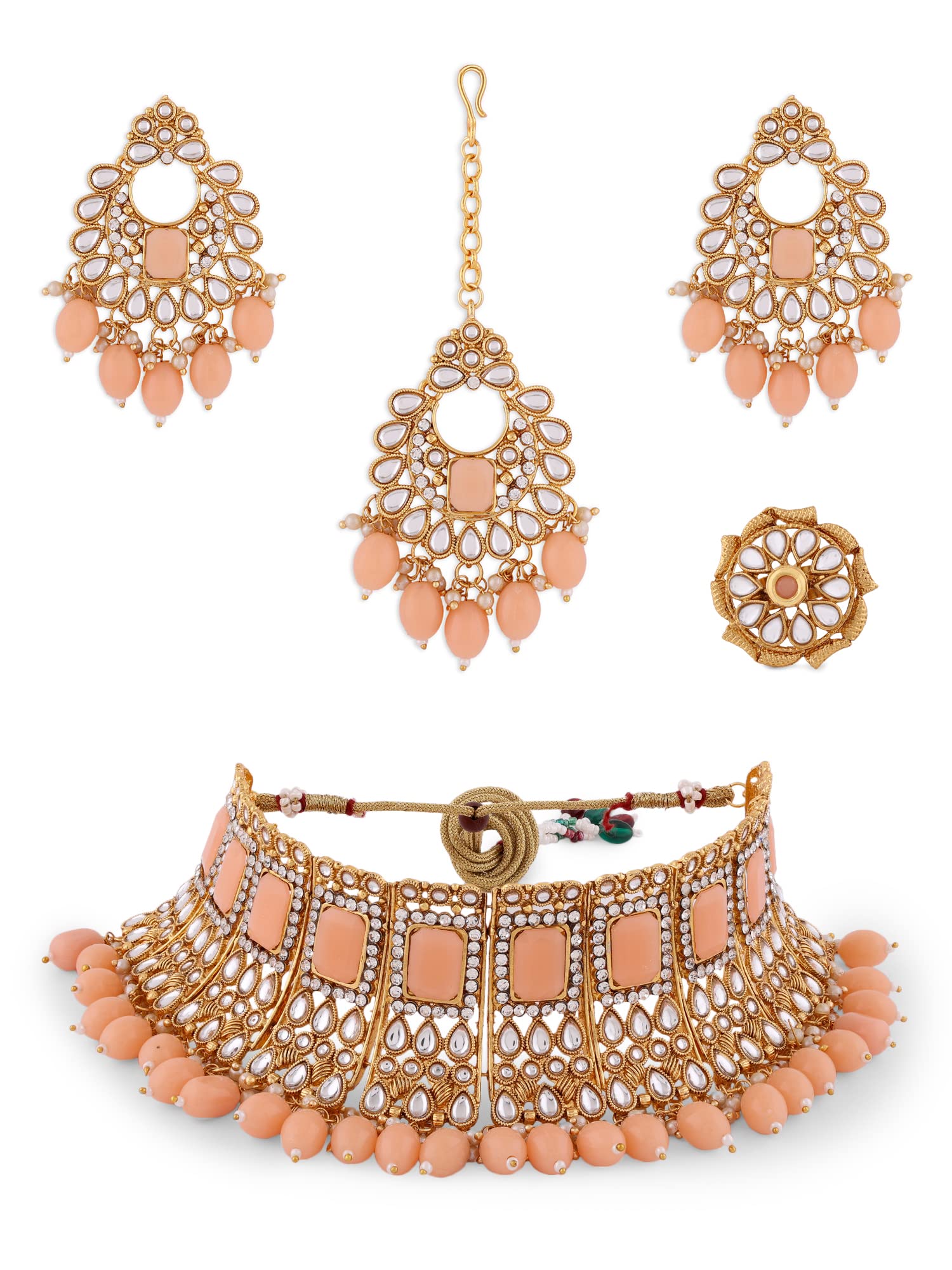 ZAVERI PEARLS Peach Bridal Kundan Choker Necklace Earring Maangtikka & Ring Set For Women-ZPFK14072 (B0B2MRXP7L) Amazon Price History, Amazon Price Tracker