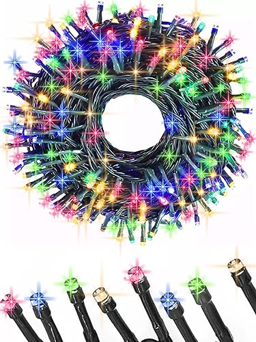 Magic - Guirnalda de 100 luces LED de Navidad multicolor suave, cadena de 36 pies, enchufable, cable verde impermeable conectable, interior y
