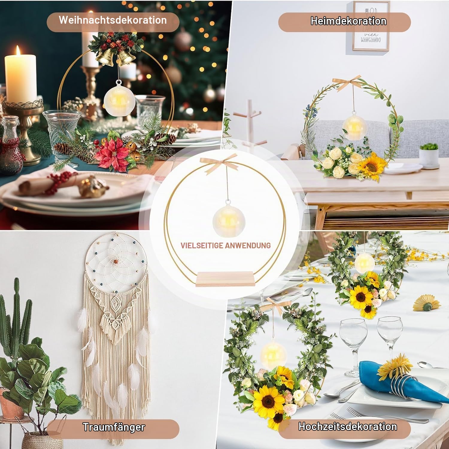 8 Stück Metallringe zum Basteln, 32cm Metallring mit Fuß,Deko Ring mit Ständer, Kerzenlicht & Transparenter Acrylhänger, Deko Hochzeitsgeschenk für Hochzeitstisch Kranz Dekor DIY Handwerk
