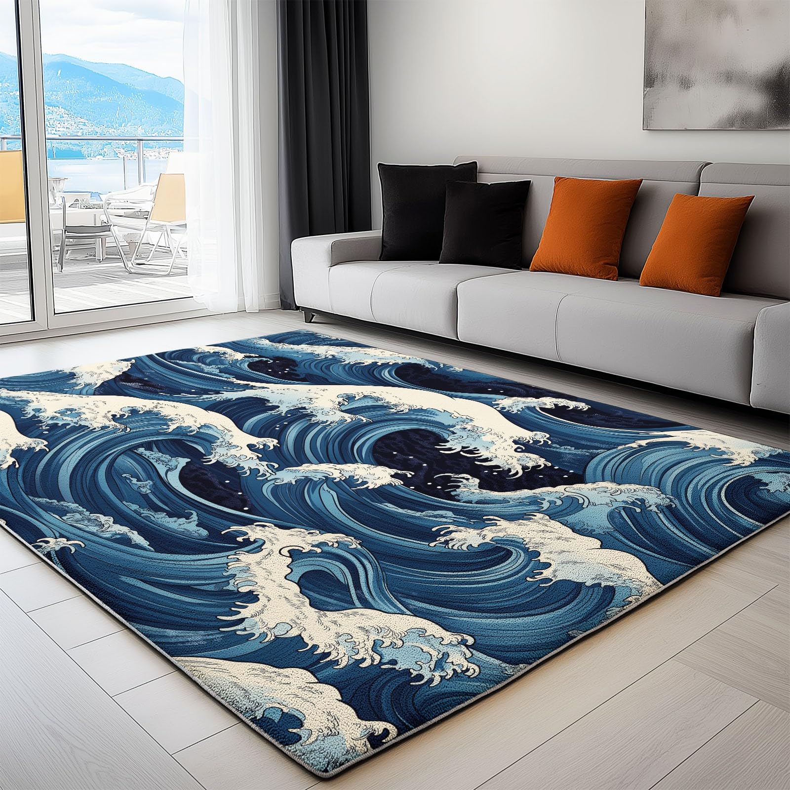 Tapis Poils Ras Motif Vagues À La Japonaise Tapis Salon Chambre Adulte Salle à Manger Bureau Tapis Imprimé à Poil Court Doux Fin Lavable 140 x 200 cm, Bleu Blanc