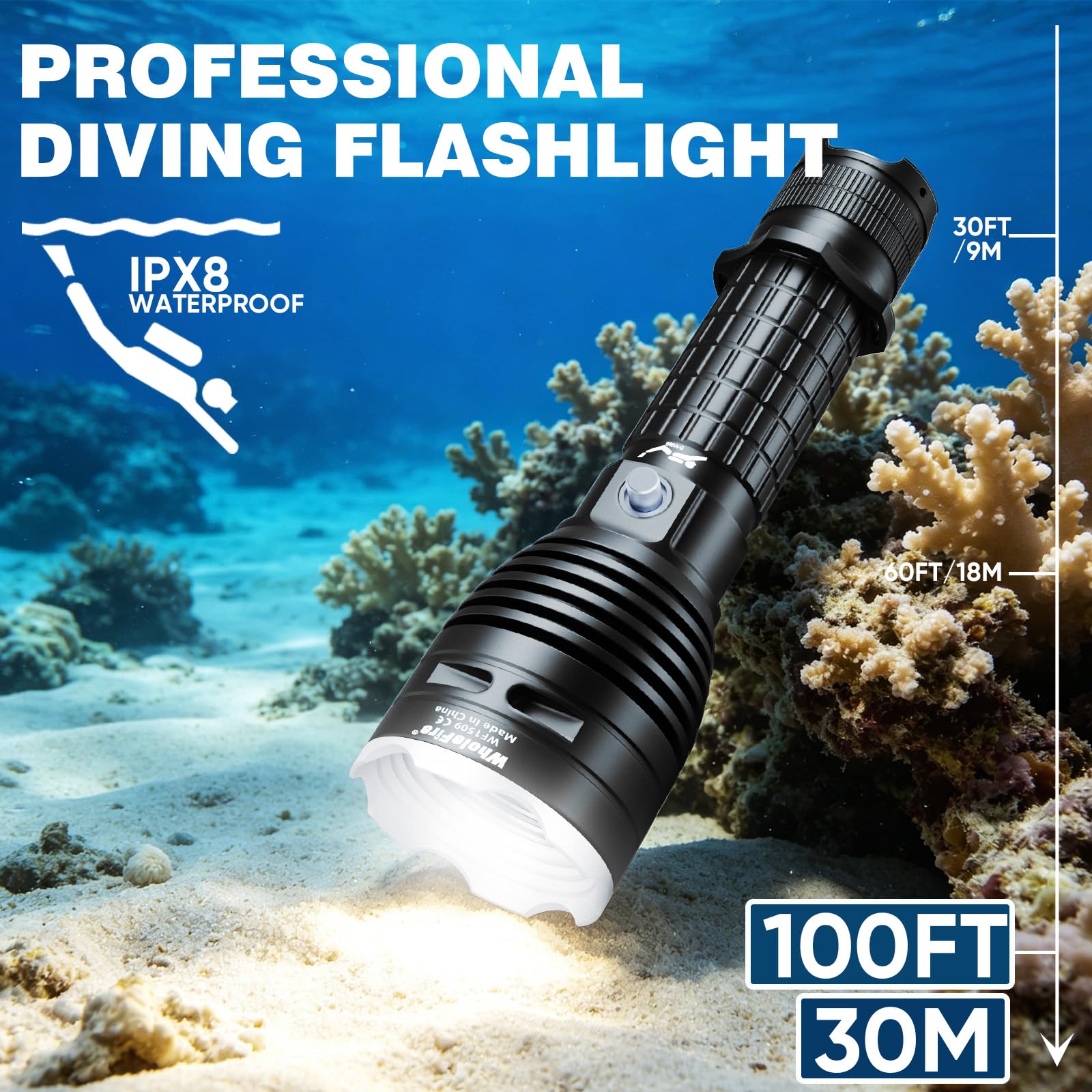 Underwater Diving 2000 Lumens Scuba Diving Torch, LED Diving Flashlight with 3 Modes, LED Scuba Dive Light Night IPX8 WaterProof Dive Light Professional Snorkeling