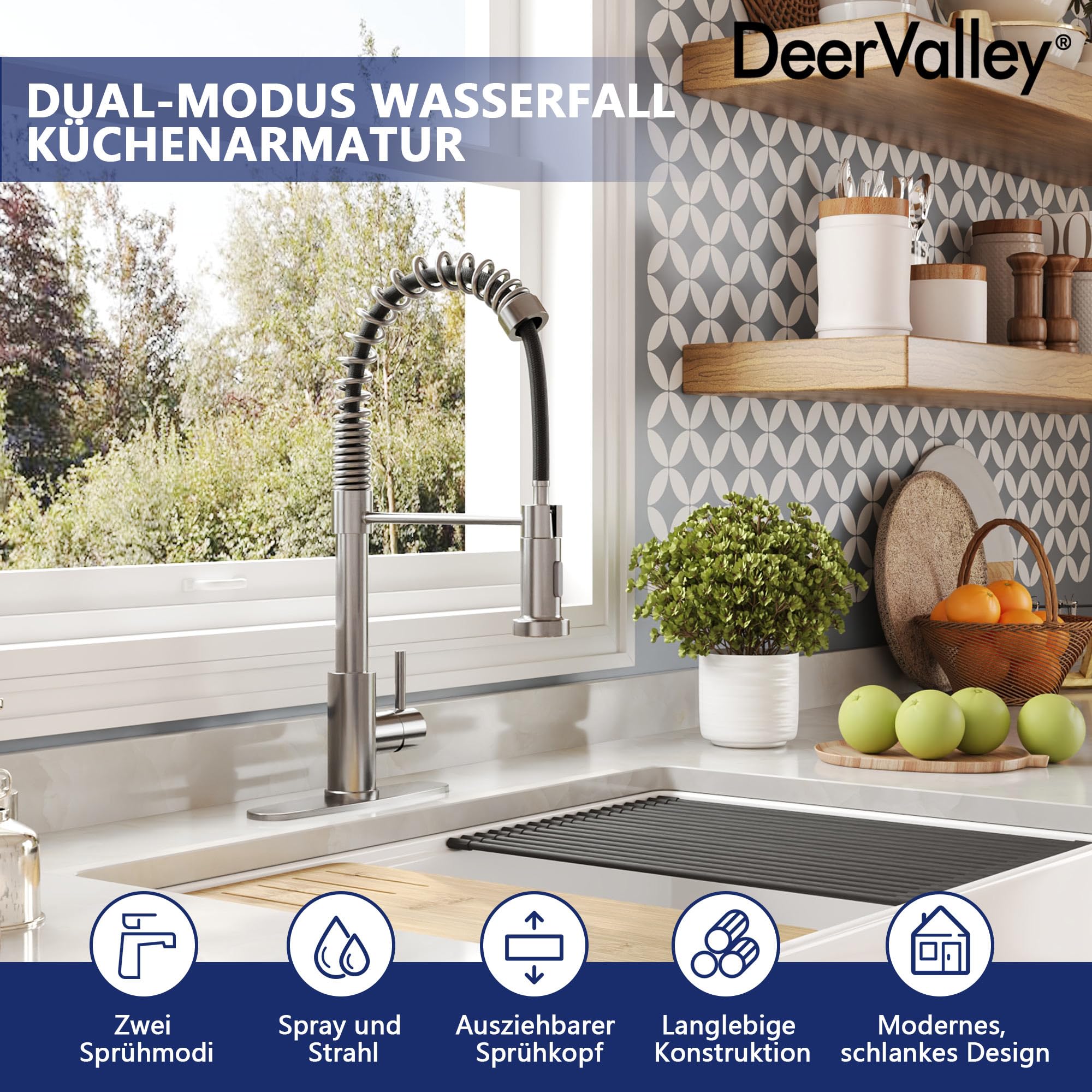 DeerValley Wasserhahn Küche Küchenarmatur Ausziehbar mit 2-Strahl-Sprühbrause Drehbarem Einhebelmischer Edelstahl Wasserhahn für Spüle, Flexibler Küchenhahn