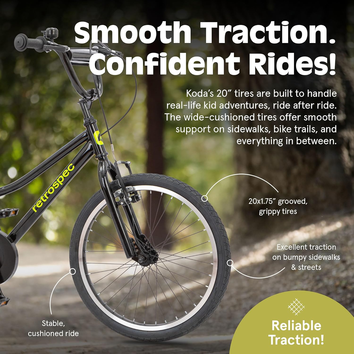 Close-up of the Retrospec Koda Plus bike's wide 20x1.75 inch tires.