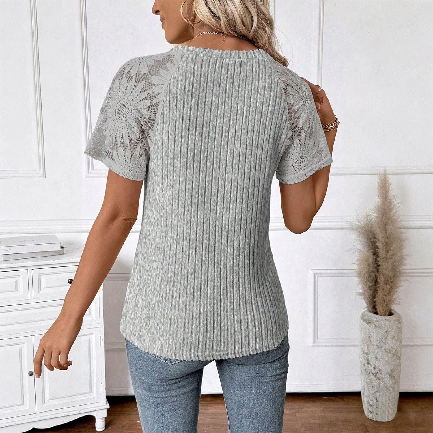 GaoCold Womens Lace Patchwork Ribbed Knit Tops Summer Short Sleeve Crew Neck Button Blouses Dressy Casual Office Work Shirts - Image 2