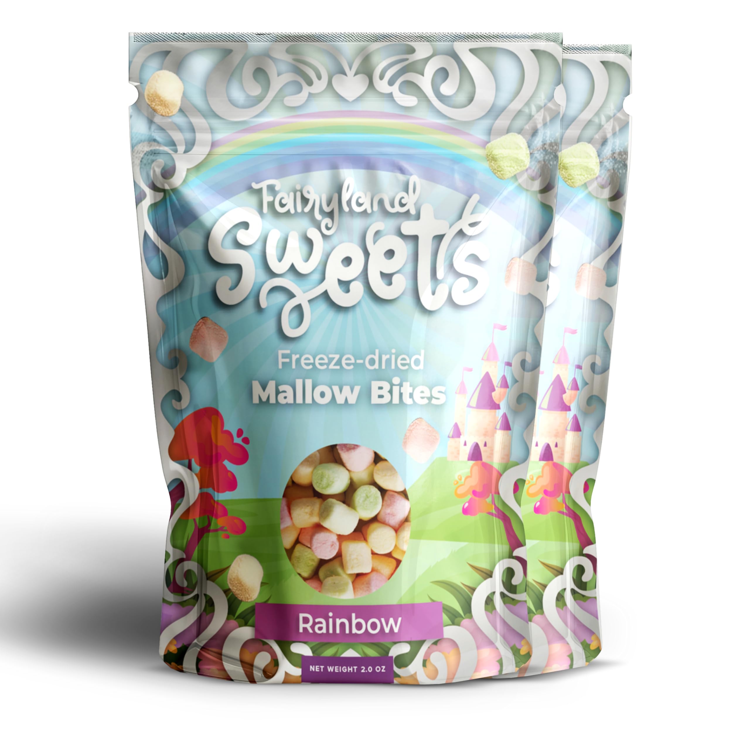 Fairyland Sweets Freeze Dried Candy Mallow Bites Rainbow – Fun, Crunchy Freeze Dried Marshmallows mini assorted strawberry, lemon, orange and lime flavors – 2.0 oz - Resealable Bag (Pack of 02)