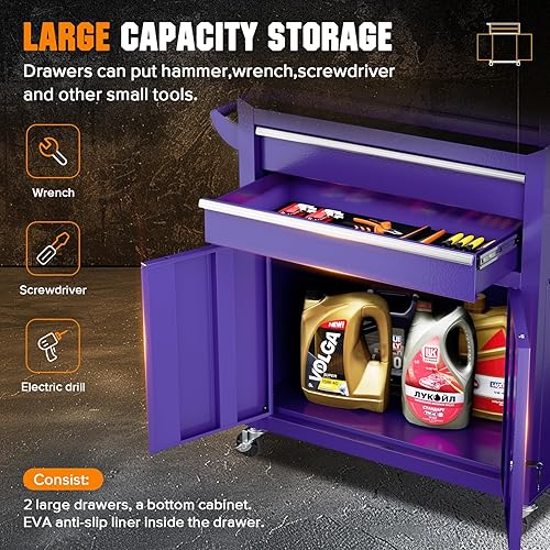 Miniatura 4 de Caja de herramientas con ruedas de 8 cajones, gabinete de herramientas de acero resistente con caja superior desmontable, ruedas de bloqueo y