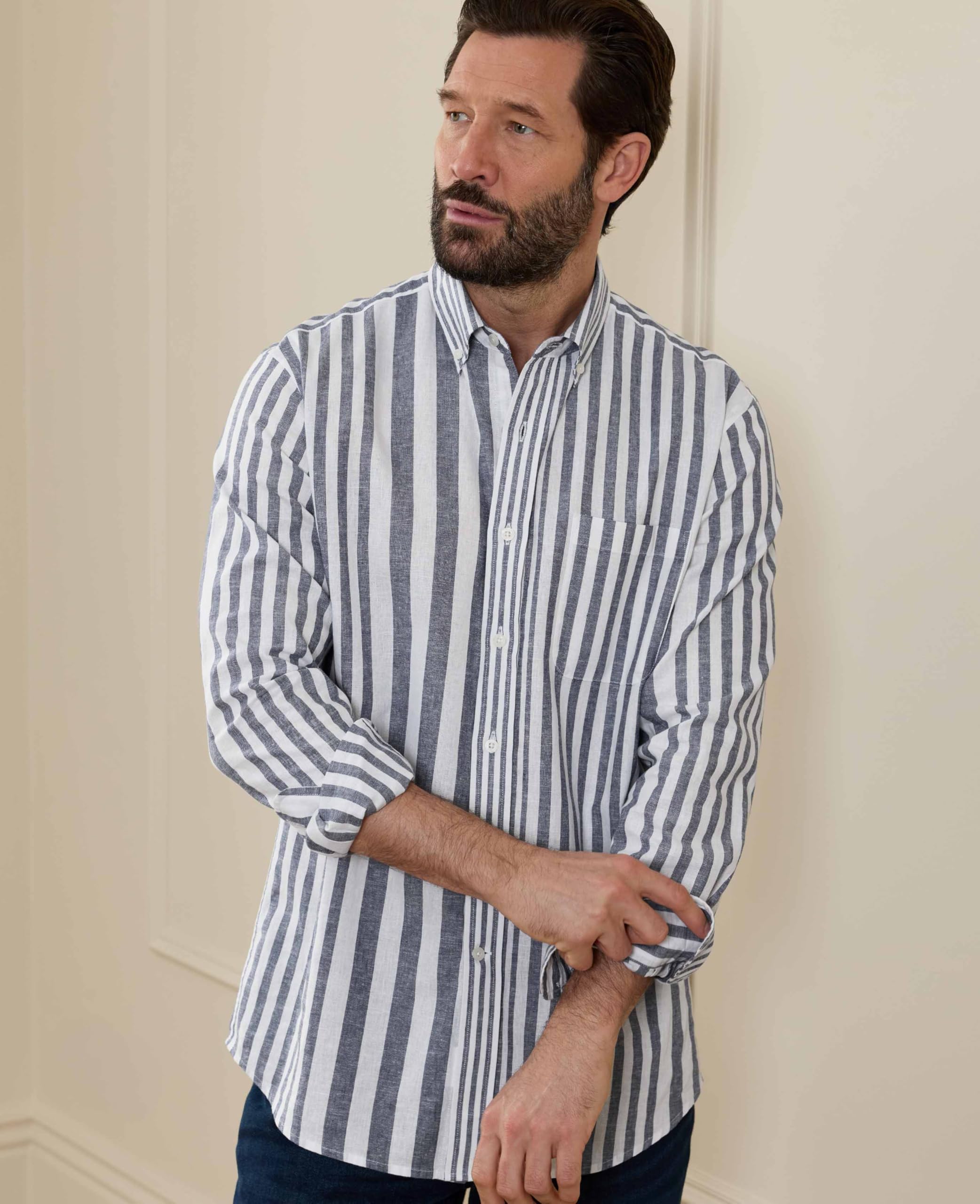 Savile Row - Camisa de manga larga para hombre, mezcla de lino, ajuste clásico con botones y cuello
