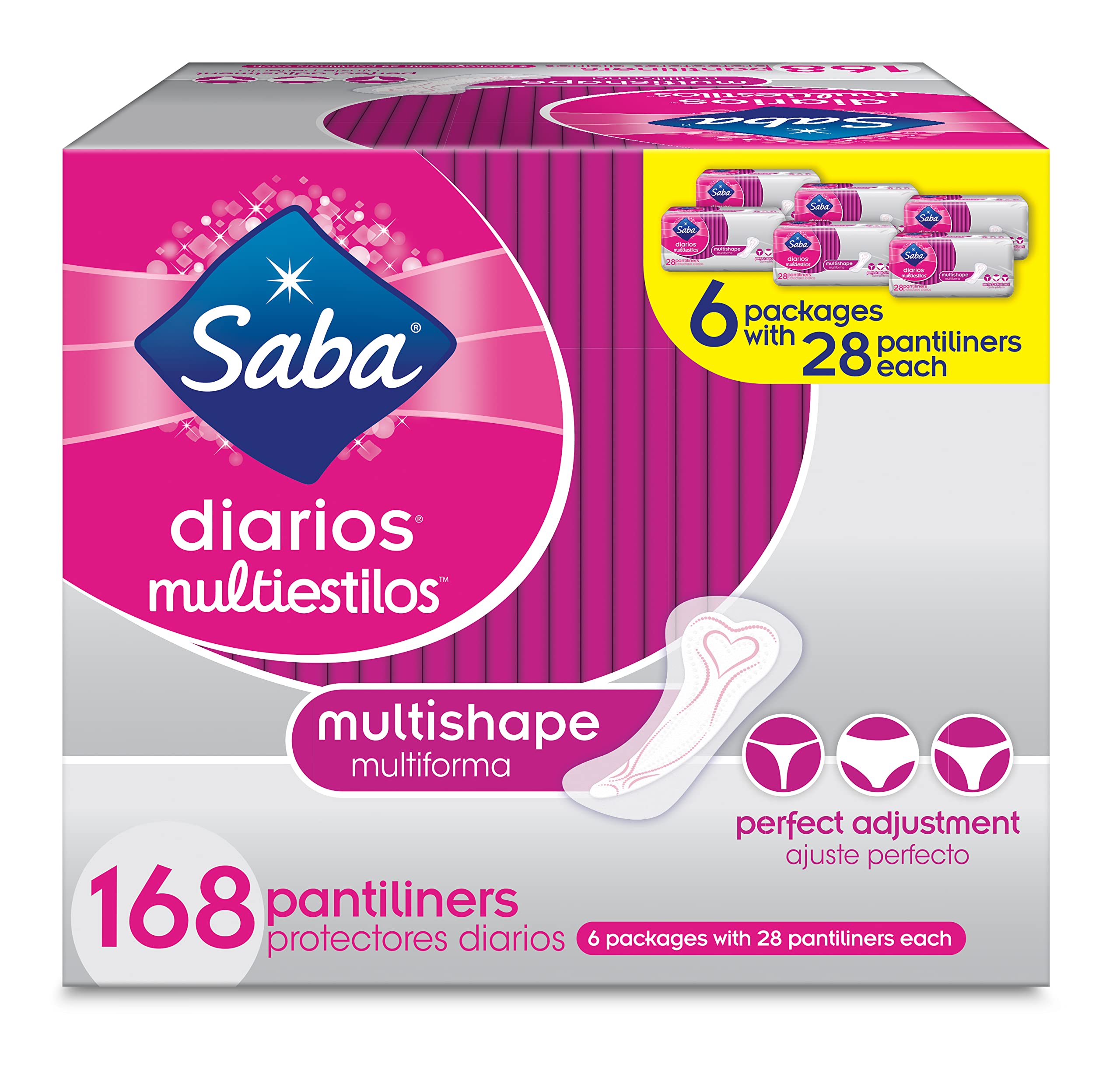 Saba Diarios Multishape Pantiliners | Flexible & Versatile Panty Liners for Women Made for All Bodies & All Underwear Styles | 168 Pantiliners (6 Packages, 28 Pantiliners Each)