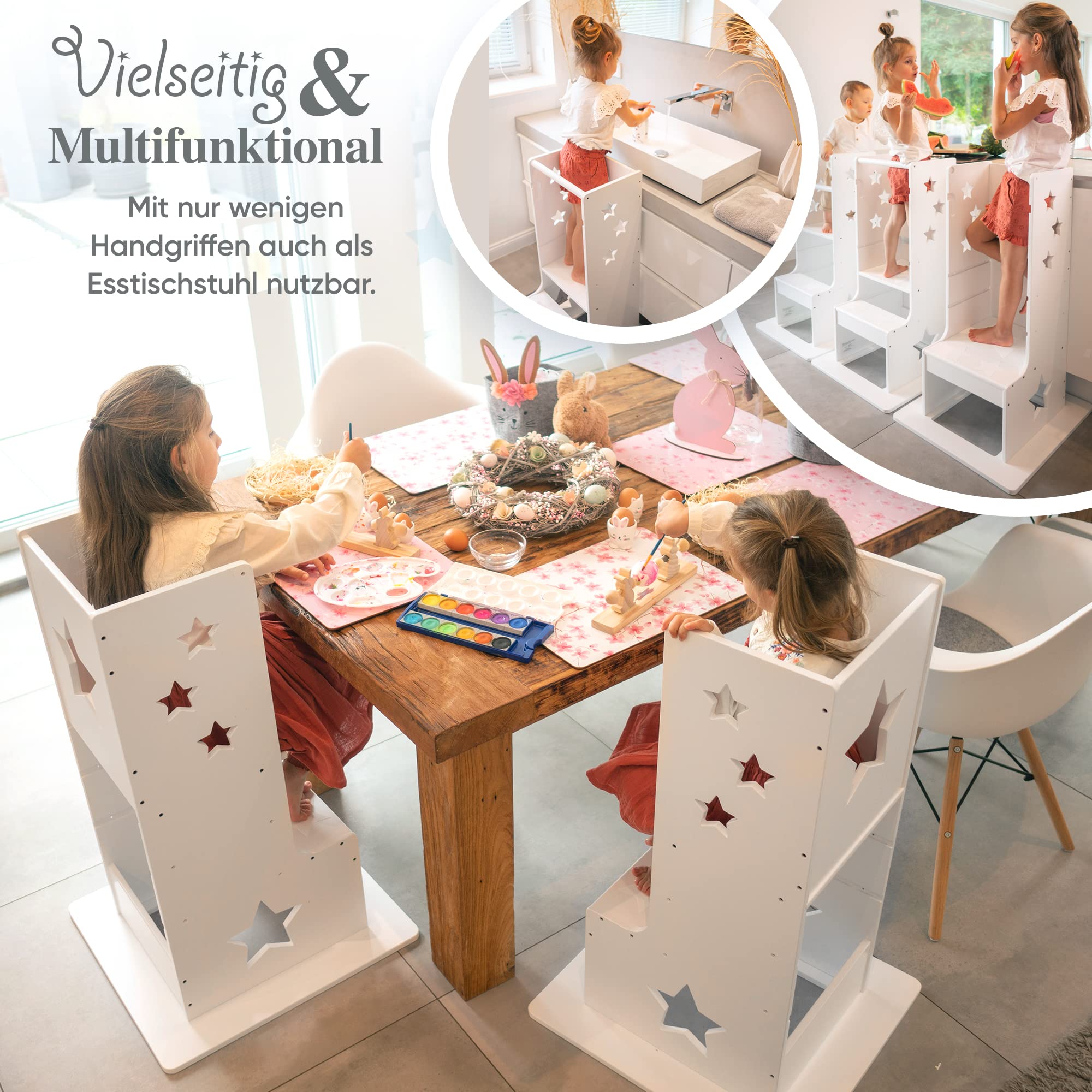 Kids Woody Star® Lernturm ab 1 Jahr [360° KIPPSCHUTZ] Höhenverstellbar Learning Tower Lernturm Montessori | Tritthocker Kinder | Schemel Lernstuhl Lerntower | Holz/Weiß